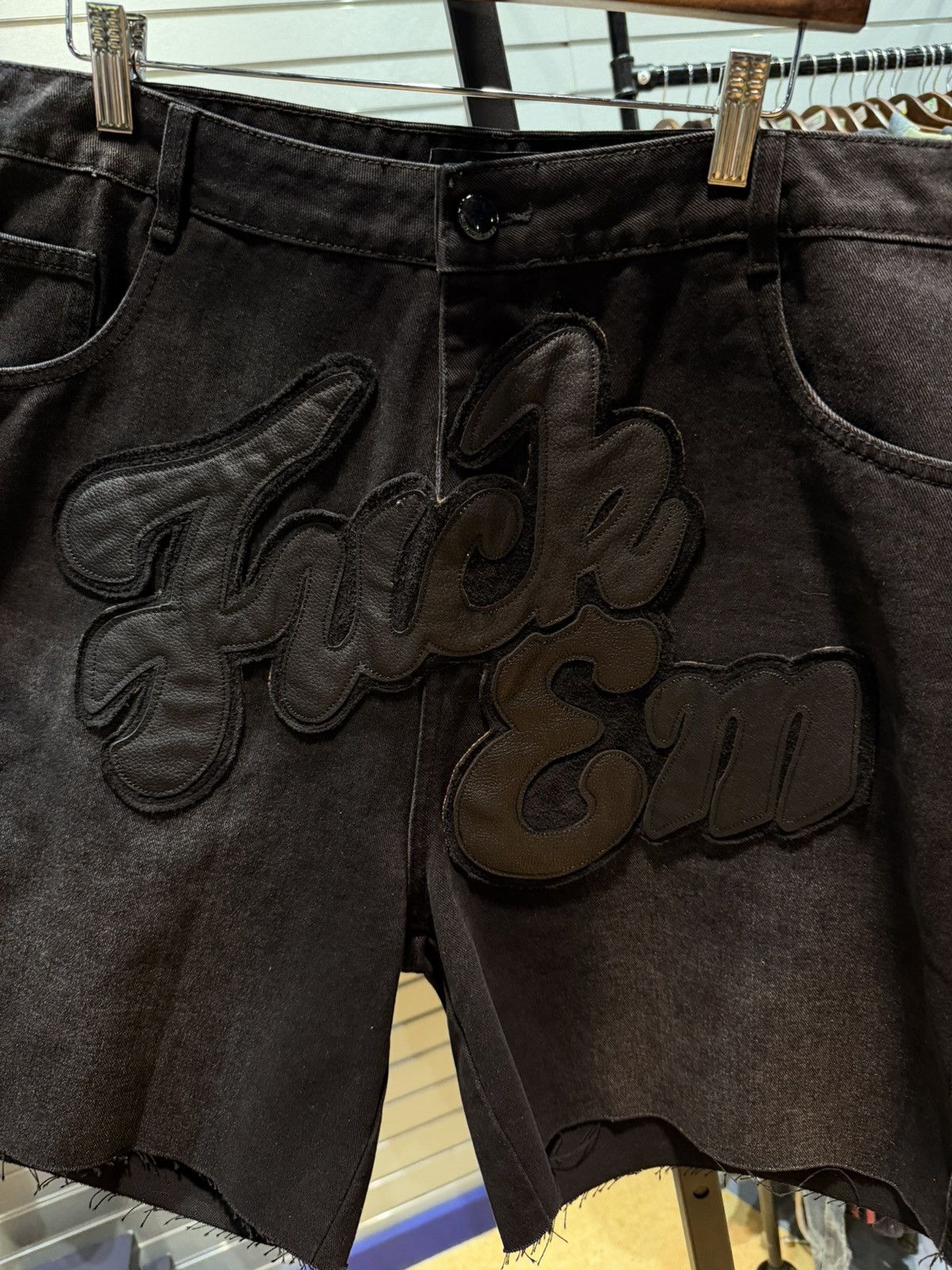 Other Fuck EM Shorts Black Denim Leather Patch Size (32) Size US 32 / EU 48 - 3 Thumbnail