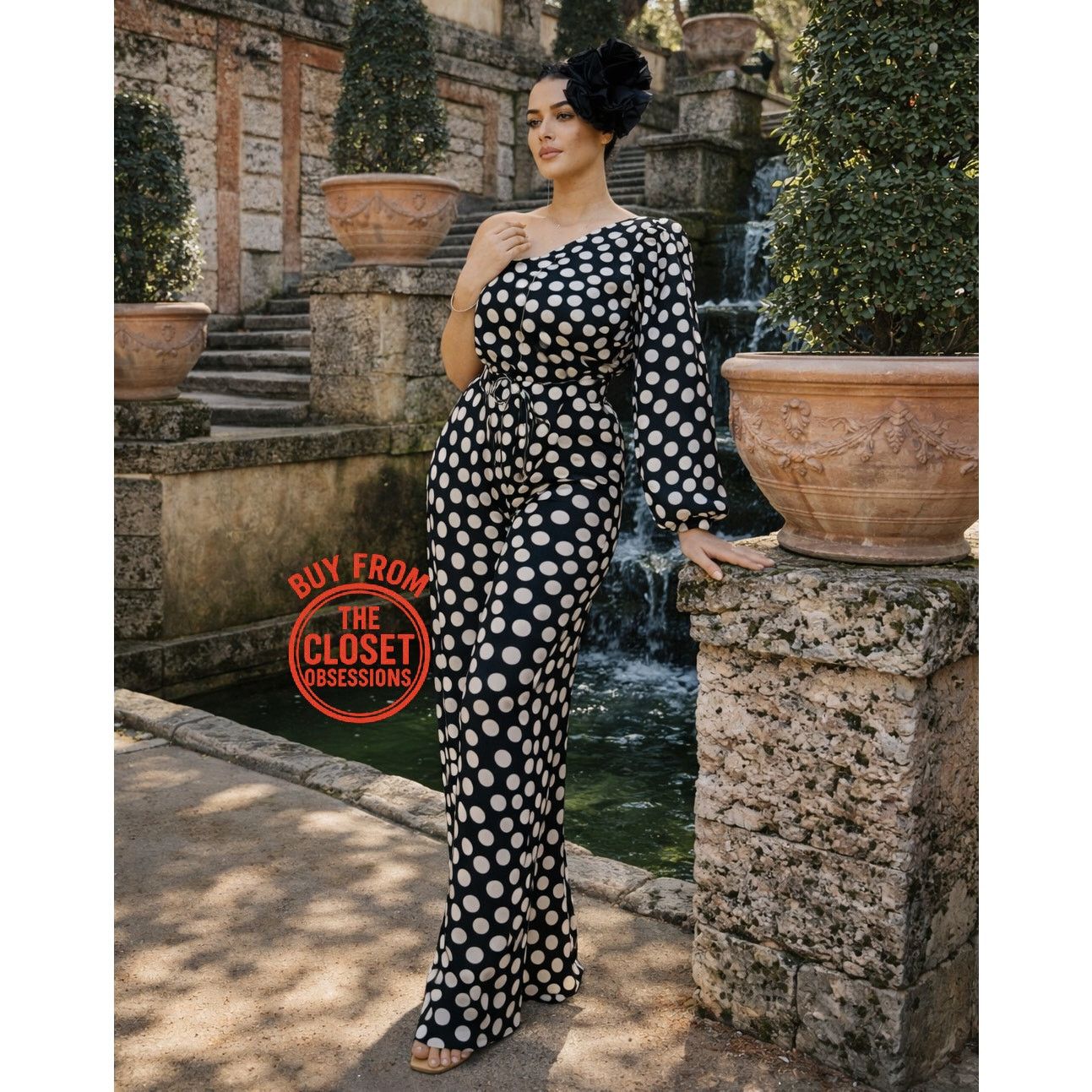 Mango Mango Polka Dot One Shoulder Jumpsuit Straight Leg NWT Size 34" / US 12 / IT 48 - 2 Thumbnail