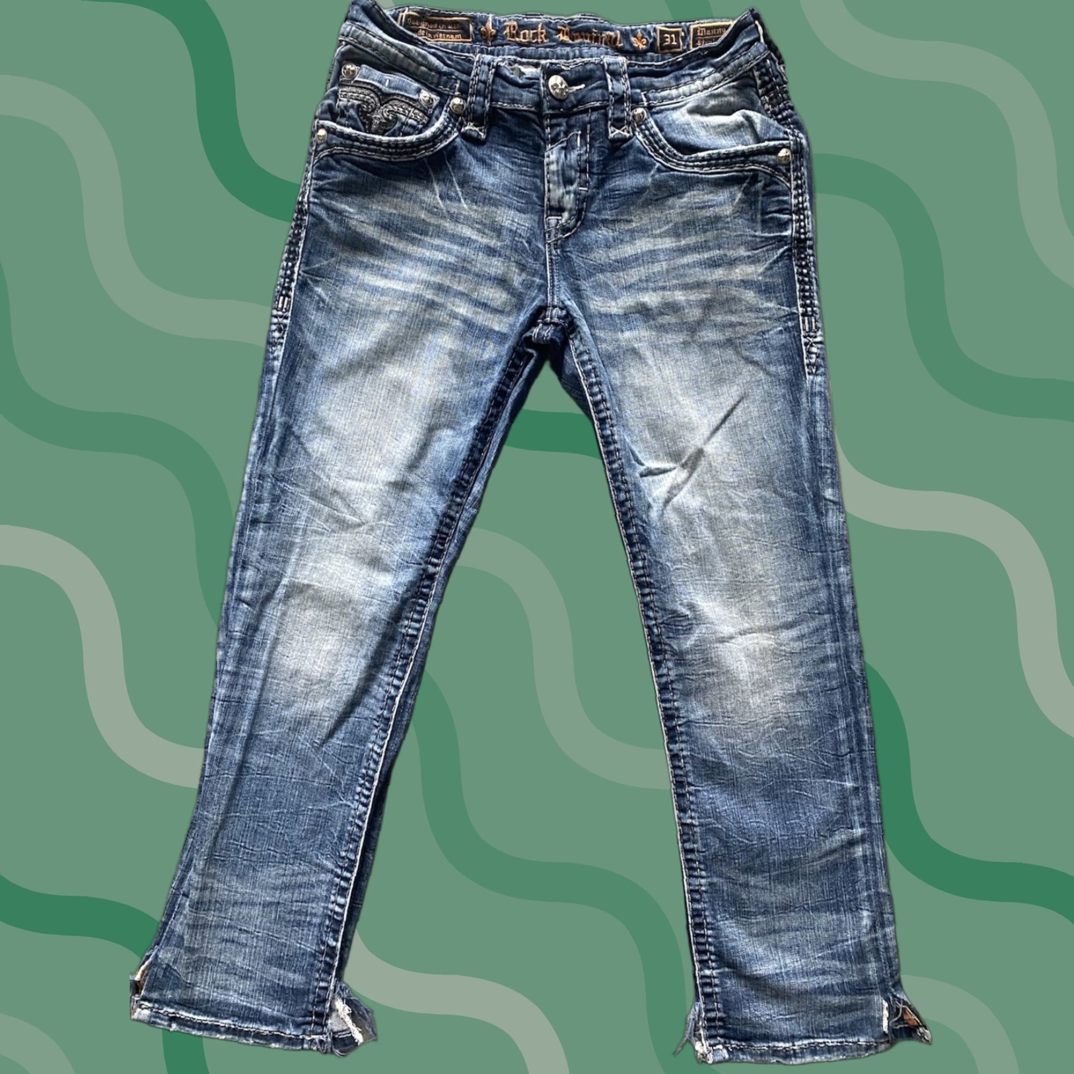 Vintage VINTAGE Rock Revival Manny Straight Jeans MENS SIZE 31 RR Embellished Denim Blue Cotton Regular Inseam See Photos 34 Men Jeans Mens Size US 31 - 1 Thumbnail