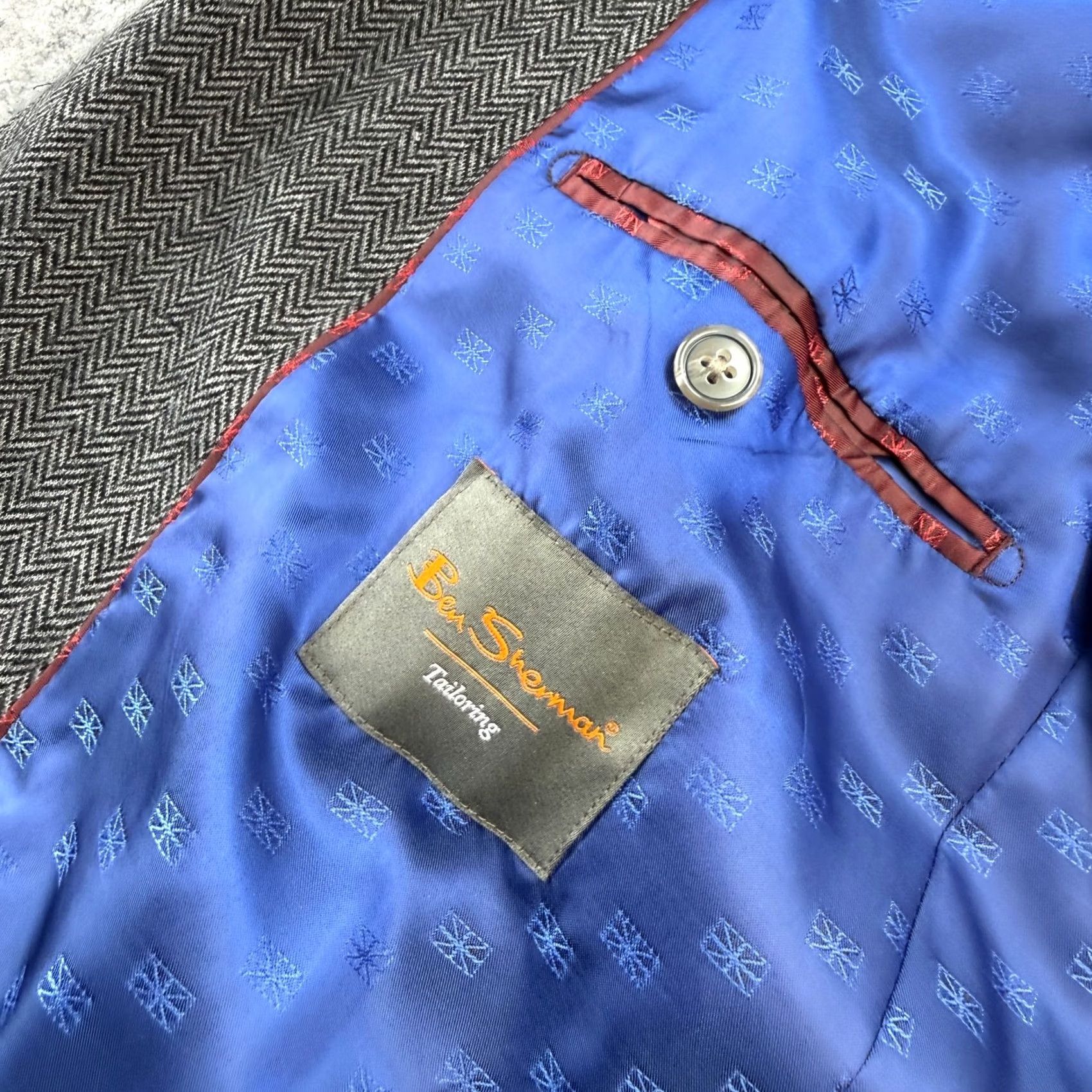 Ben Sherman Ben Sherman Blazer Jacket Mens 44S Gray Herringbone Knit Single-Breasted Two-Button Notch Lapel Size 44R - 6 Thumbnail