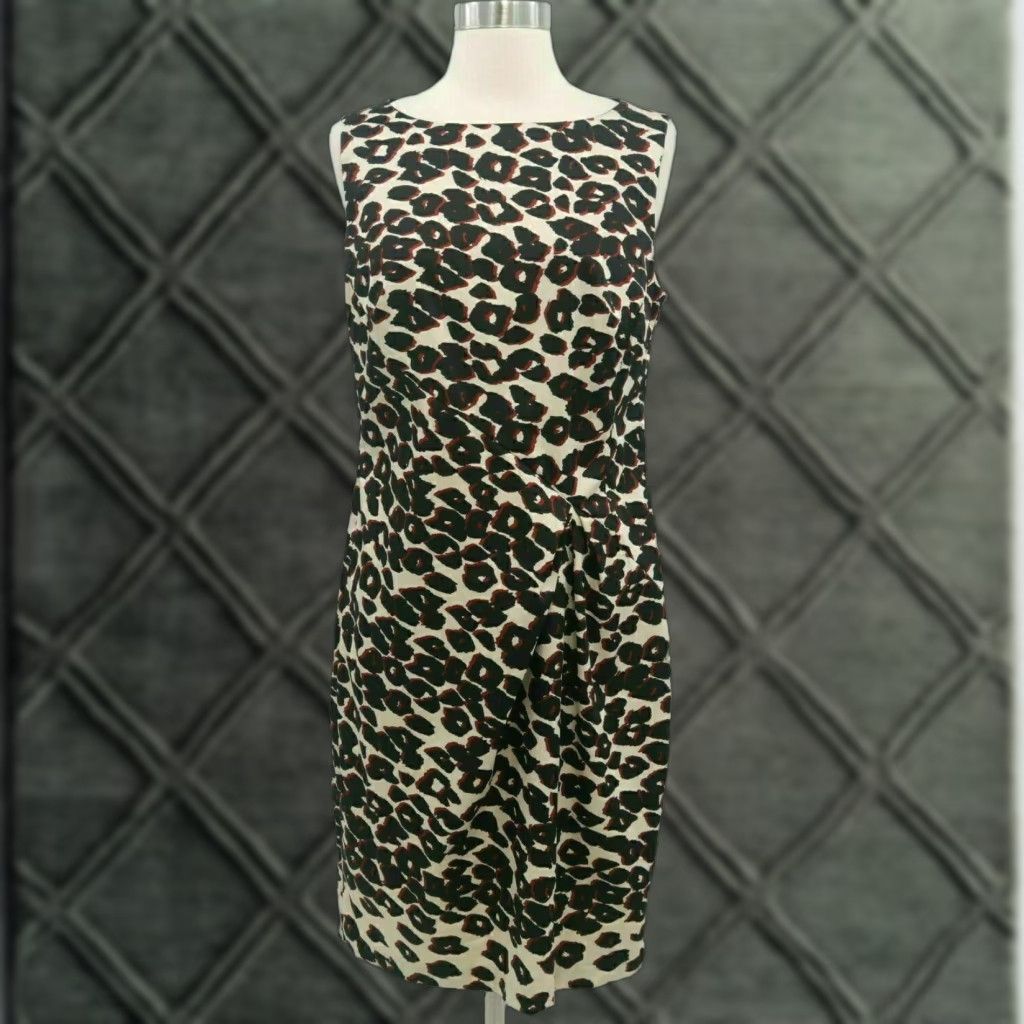 Nanette Lepore Dress Leopard 10 Pleated Draped Cotton Stretch Black Beige