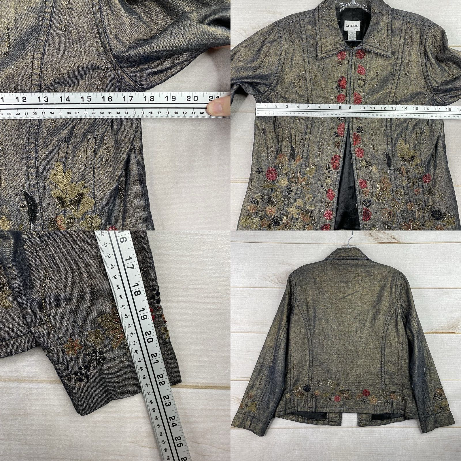Vintage Chico's Womens Jacket S Blue Floral Embroidered Beaded Lined Boho Casual Cotton Short Sleeve Jacket Womens Size S / US 4 / IT 40 - 8 Thumbnail