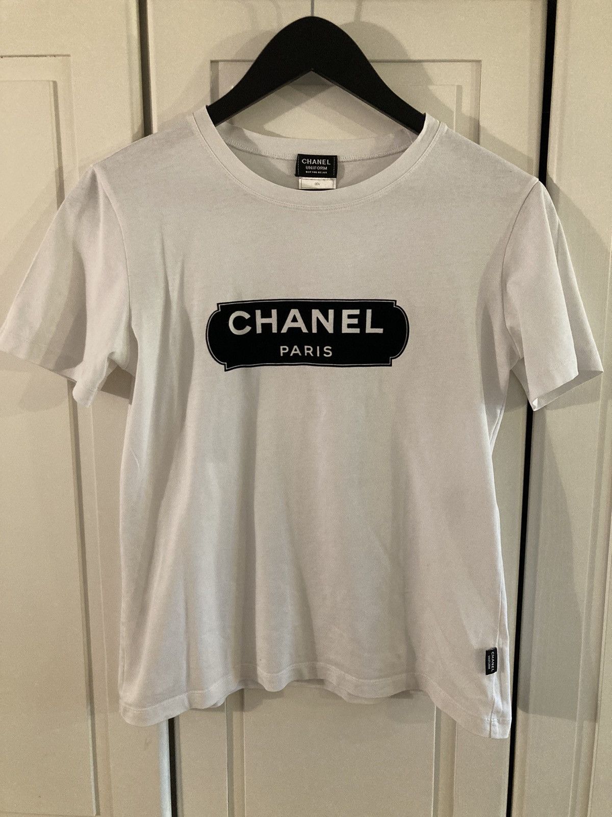 image of Chanel Uniform T-Shirt Velvet Logo Sealed in White, Women's (Size Small)