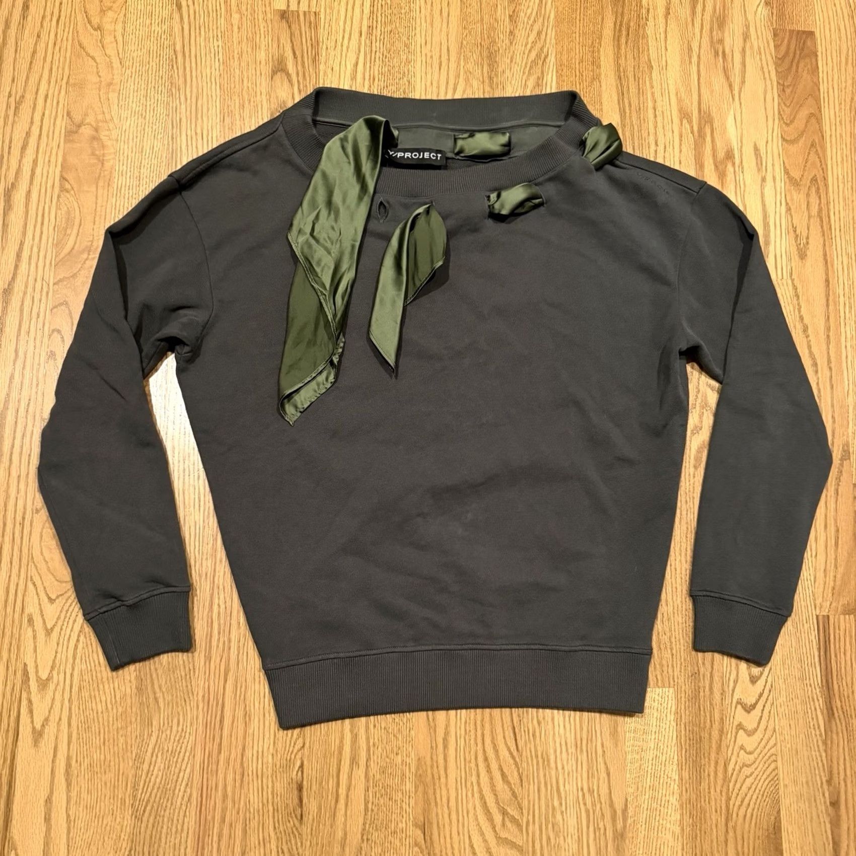 Vintage VINTAGE Y Project Sweatshirt Womens XS Green Ribbon Trimmed Crew Neck Pullover Cotton Terry Designer Luxe Fashion Size XS / US 0-2 / IT 36-38 - 2 Thumbnail