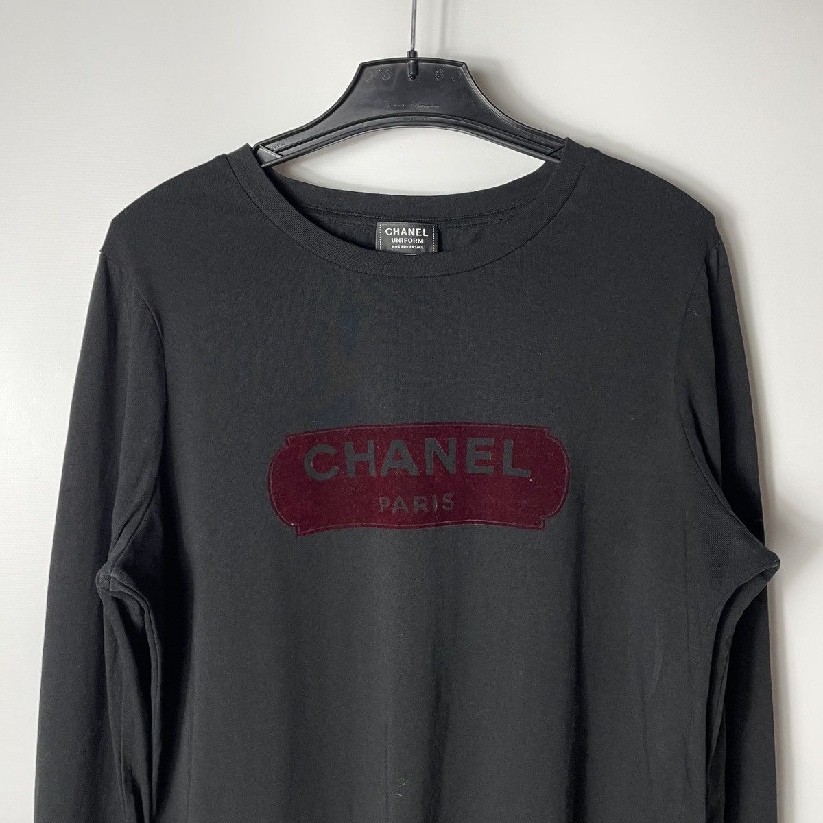 image of Chanel Uniform Red Logo Velvet Longsleeve Shirt in Black, Women's (Size Small)