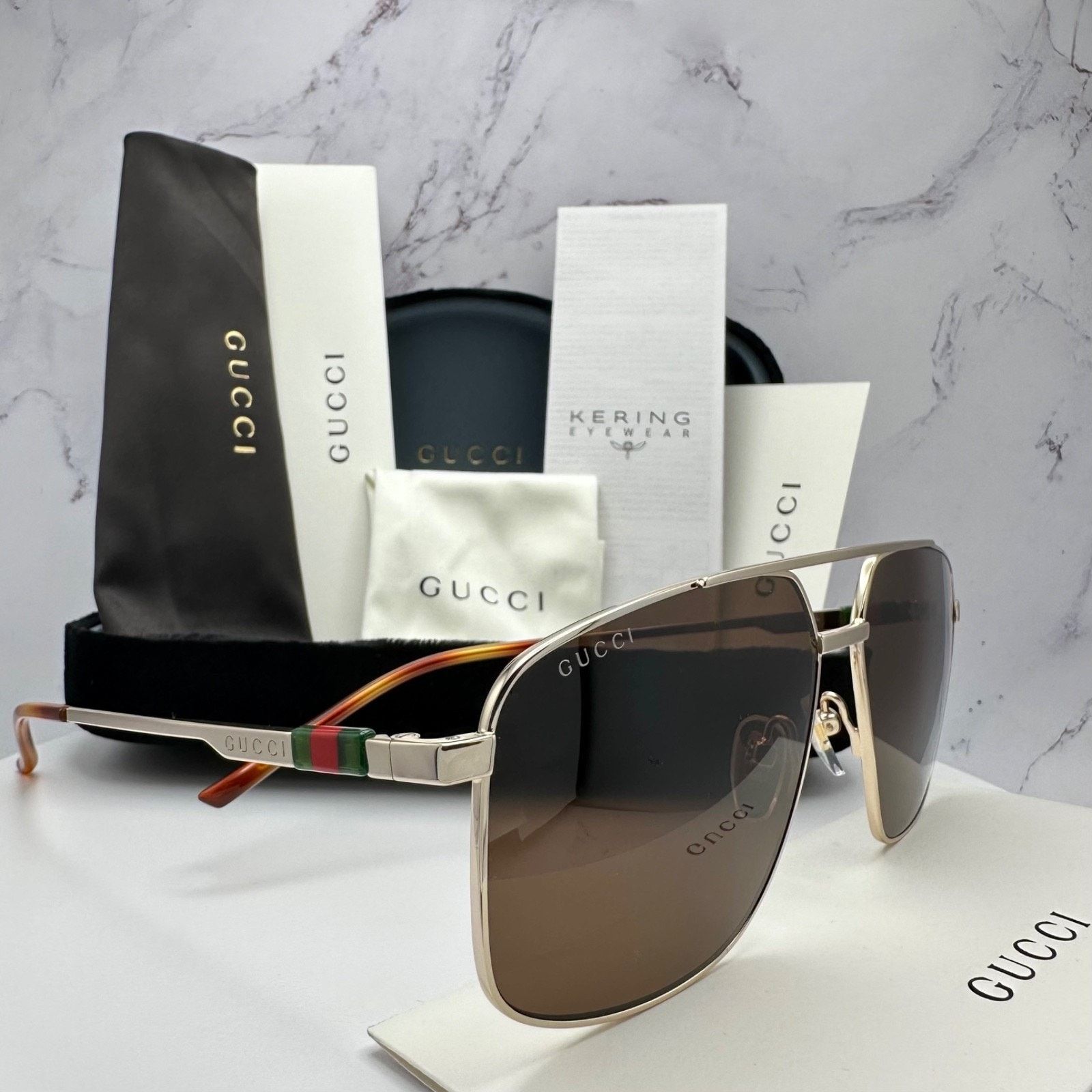 Gucci New GUCCI Sunglasses Gold Metal Aviator Pilot Web Logo Size ONE SIZE - 1 Thumbnail