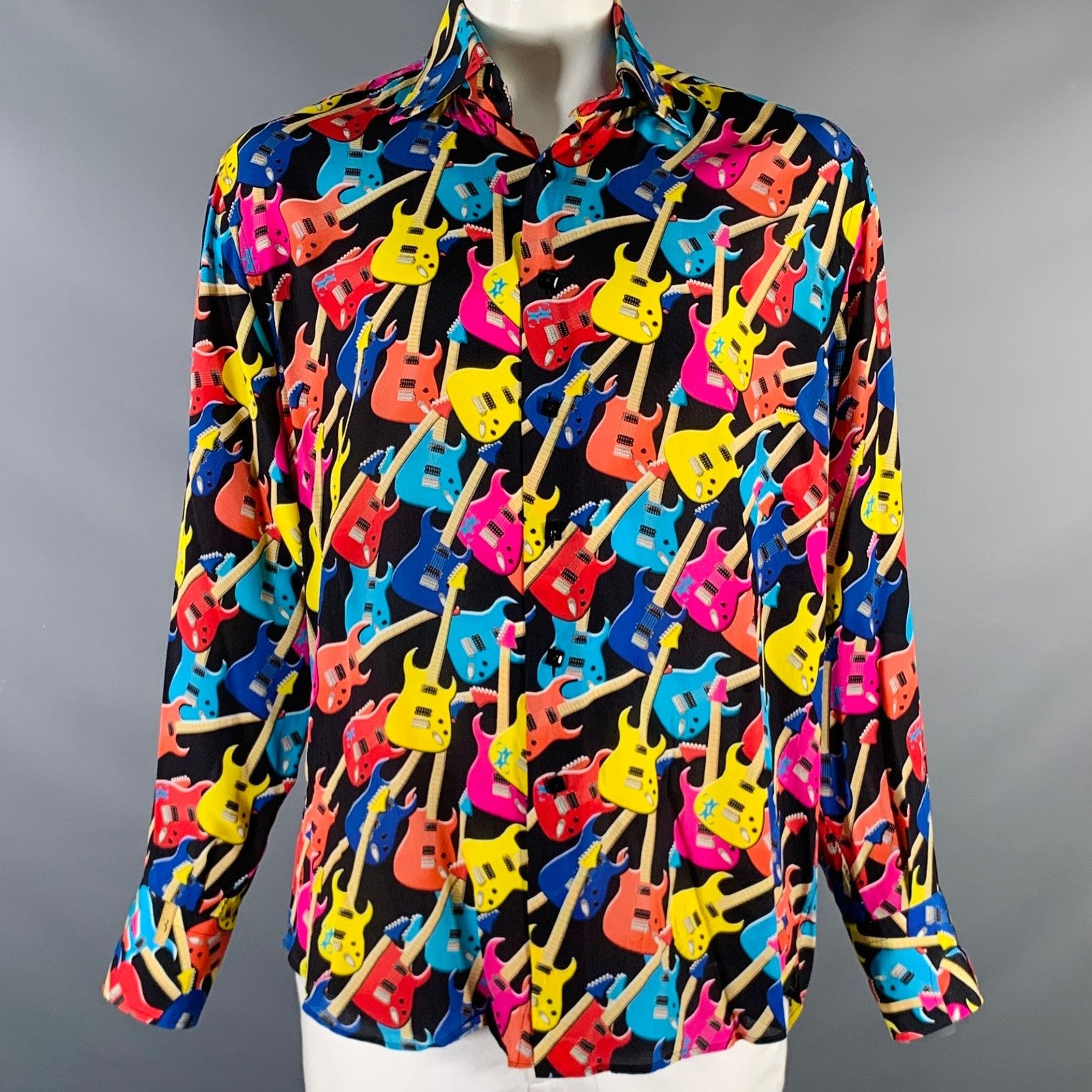 Billionaire Couture Size XL Black Multi Color Guitars Silk Long Sleeve Shirt Size US XL / EU 56 / 4 - 1 Thumbnail