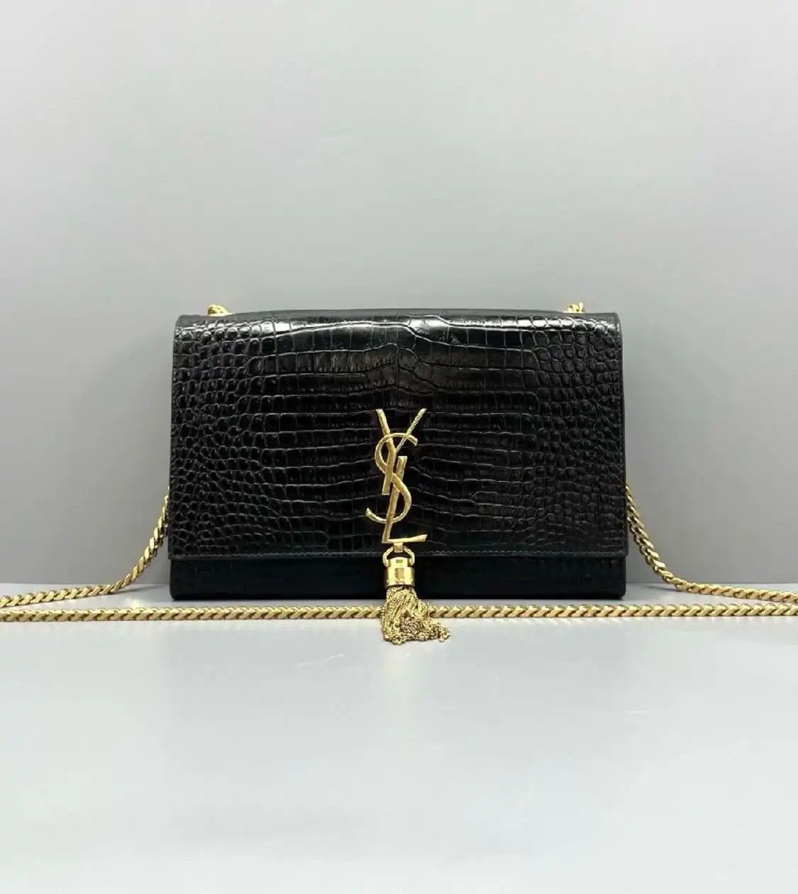 Saint Laurent Paris Ysl Kate Medium Black Cowhide Leather Fringe Embossed Flap B, Women's