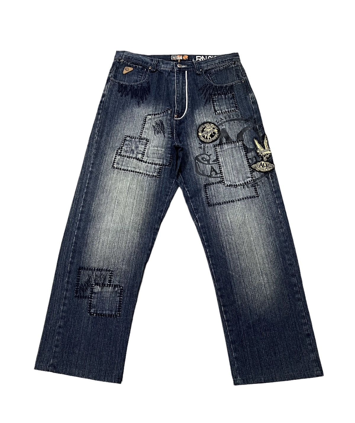 image of Akademiks x Hysteric Glamour Akdemiks Baggy Patchwork Shashiko Boro Denim in Blue Denim (Size 34)