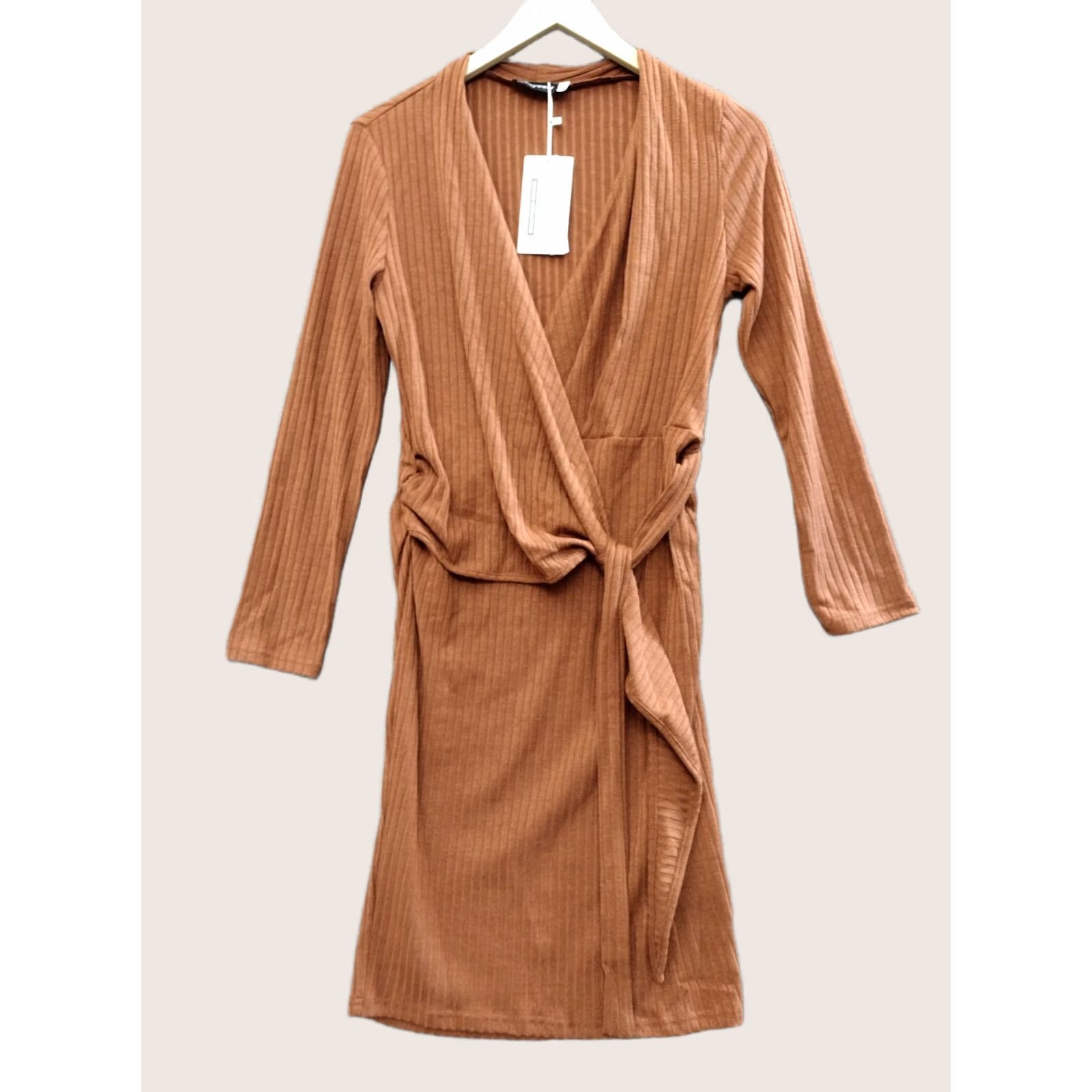 Vintage Prettywear Women's Ribbed Long Sleeve Mini Dress Light Brown Dress, V-Neck, Tie, Short, Blended Fabric, Casual, Party, M, Brown, Womens Size M / US 6-8 / IT 42-44 - 1 Thumbnail