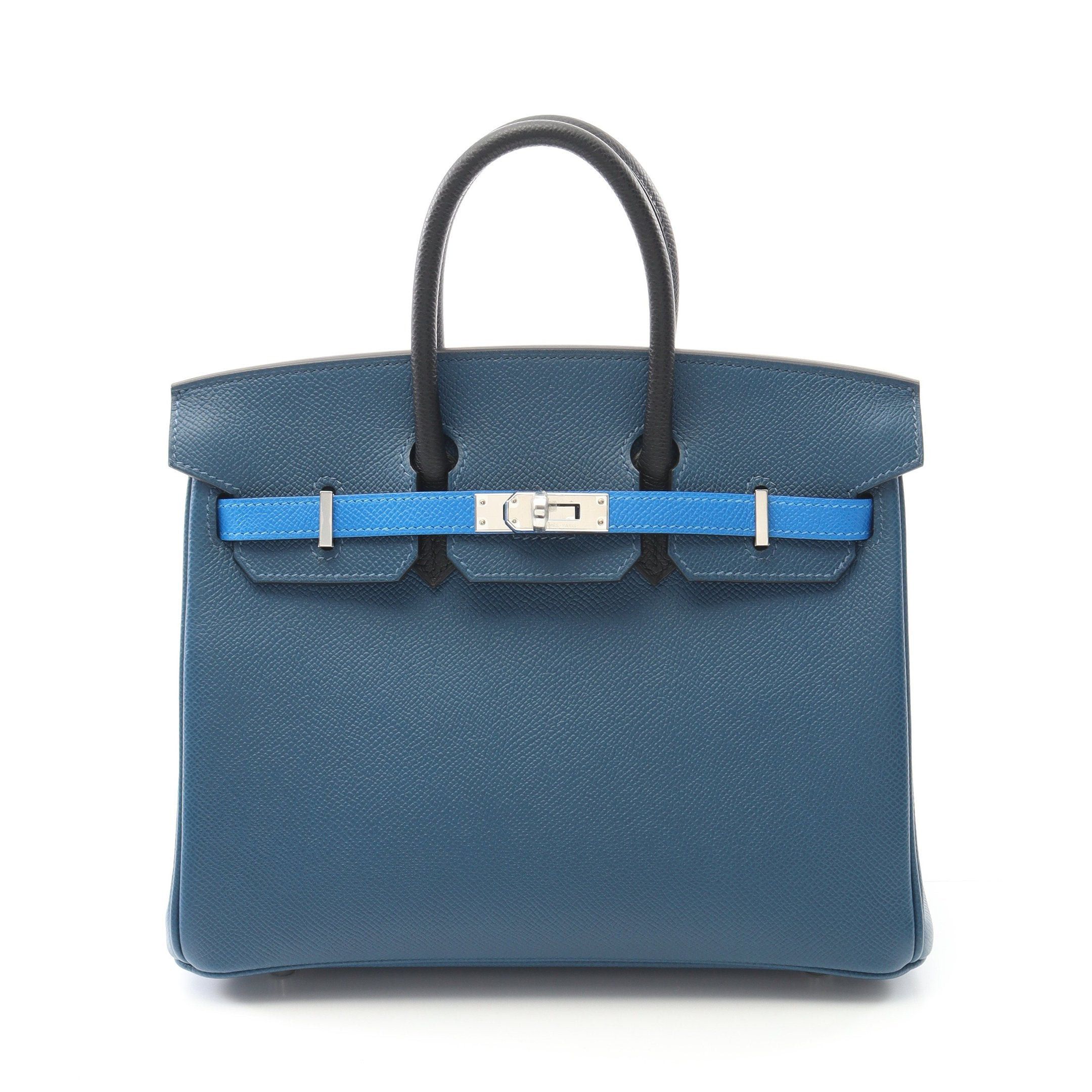 Hermes Birkin 25 Tricolor Deep Blue Hydra Handbag Veau Epsom Black Silver Hardware Double Engraved