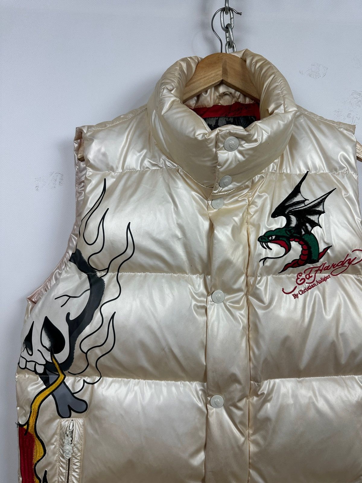 Christian Audigier Vintage Ed Hardy Flaming Skull Down Puffer Vest Size US L / EU 52-54 / 3 - 8 Thumbnail