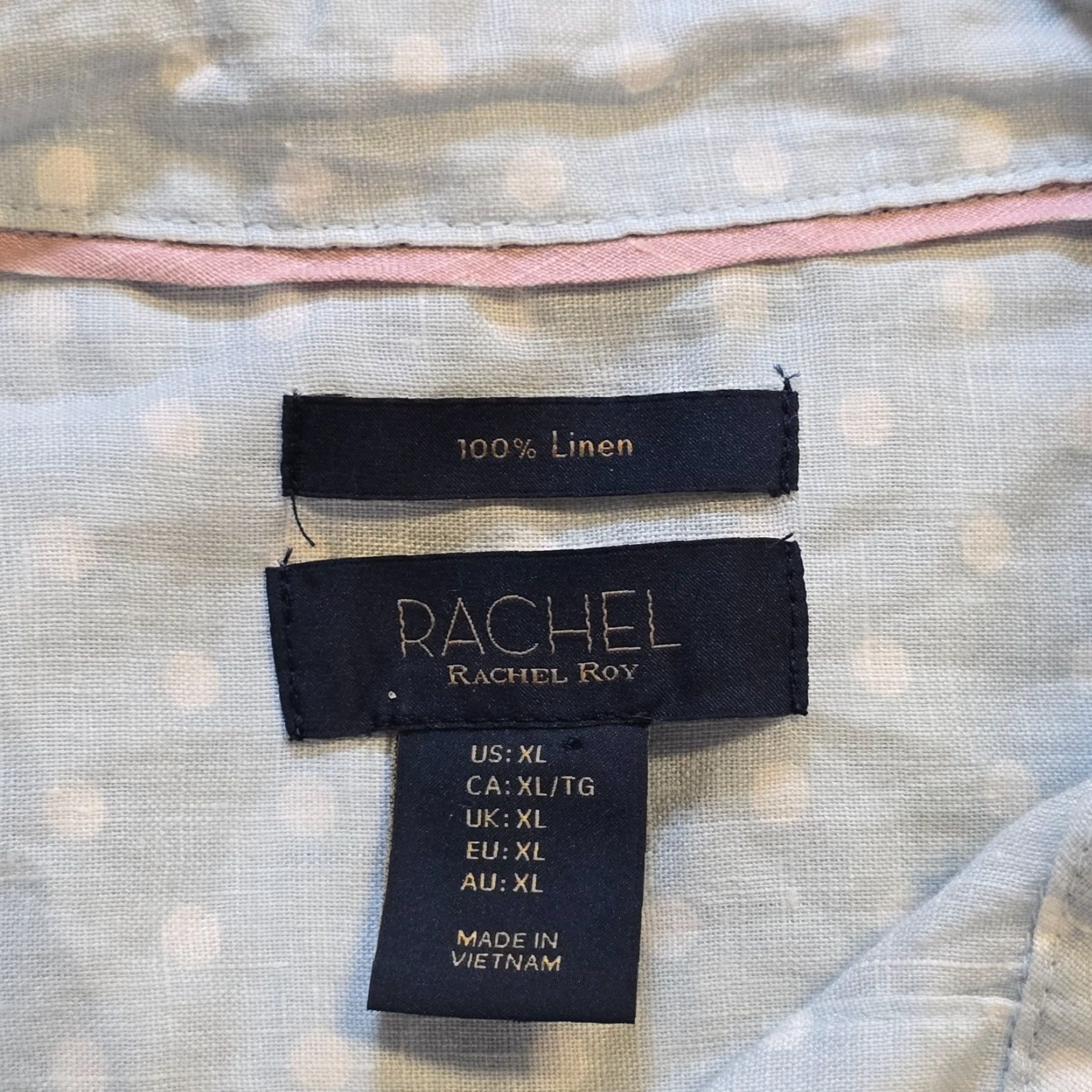 Rachel Zoe Rachel Zoe Top Womens Large Blue White Linen Polka Dot Button Casual Camp Short Sleeve Crew Neck Collared Size L / US 10 / IT 46 - 3 Thumbnail