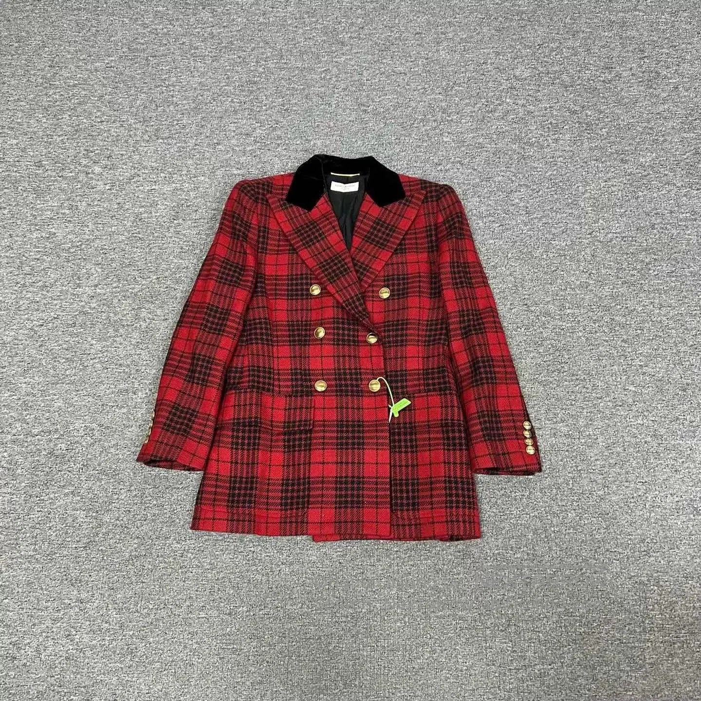 Saint Laurent Paris Saint Laurent Red Plaid Velvet Collar Blazer. Size XS / US 0-2 / IT 36-38 - 1 Thumbnail