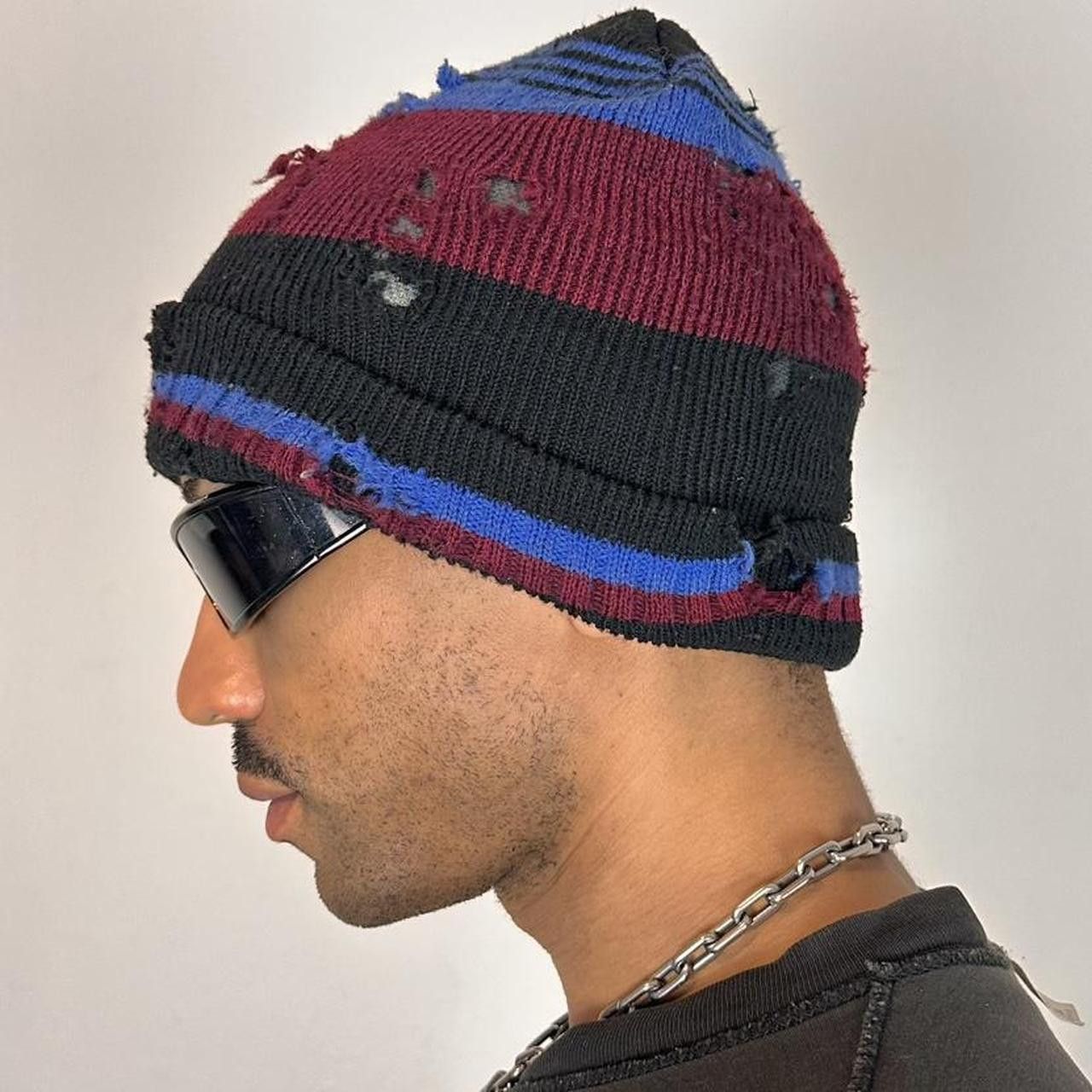 Other ASTROBOI* Burgundy/Black/Blue Striped Grunge Beanie Size ONE SIZE - 8 Thumbnail