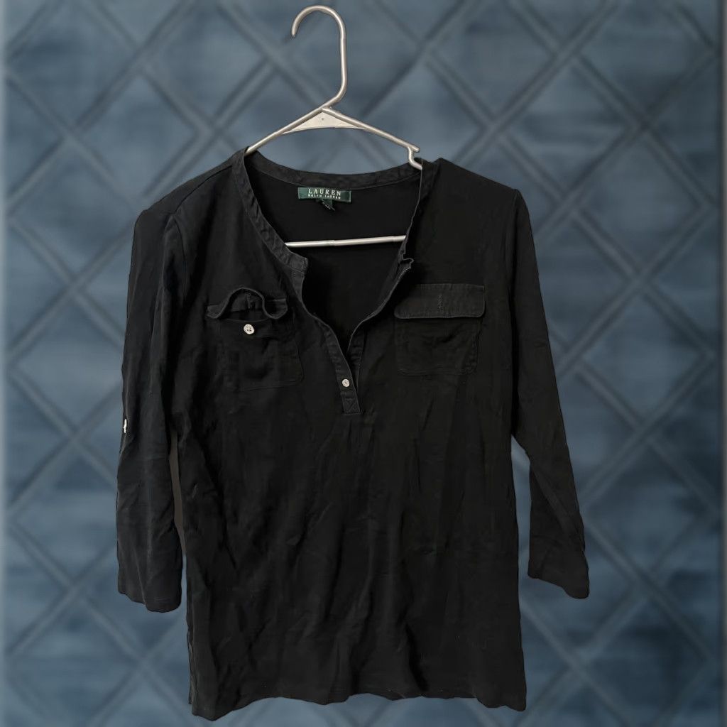 Ralph Lauren VINTAGE? No. Lauren Ralph Lauren Blouse Shirt Plus Size L Black 3/4 Sleeve Button-Up Collar Down Embroidered 90s Designer American Womens Size L / US 10 / IT 46 - 1 Thumbnail