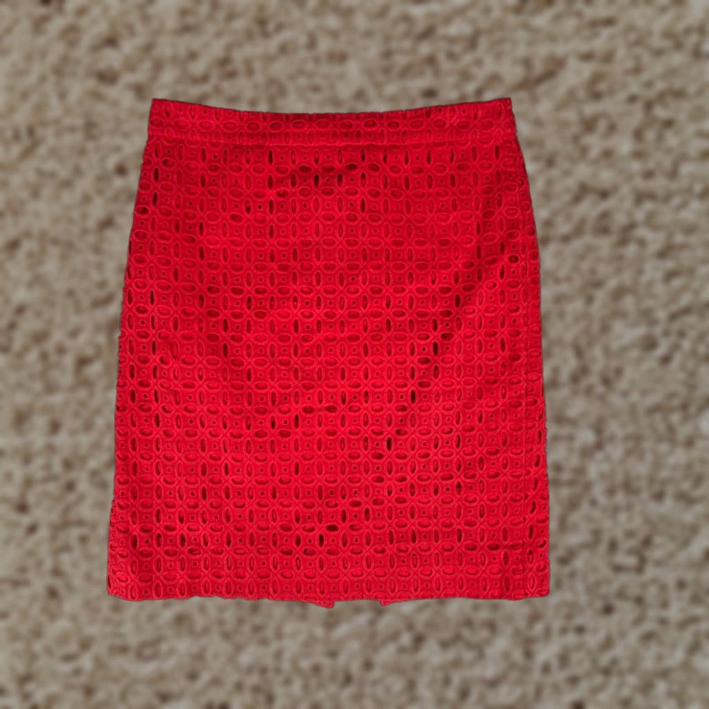 J.Crew VINTAGE J.CREW No. 2 Pencil Skirt Womens 4 Red Floral Eyelet Cotton High Rise Pockets Size 27" / US 4 / IT 40 - 1 Thumbnail