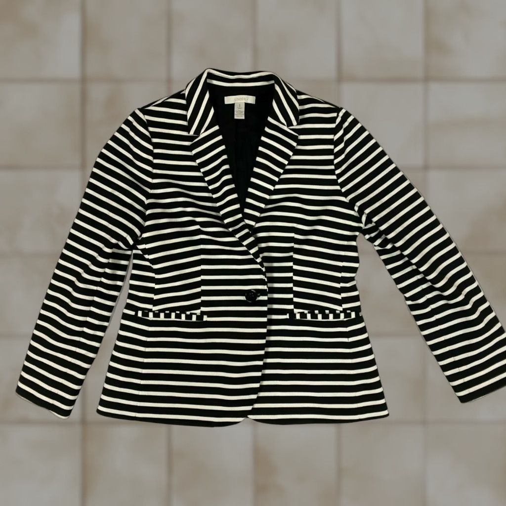 Vintage Chico's Blazer Shirt Womens 1 Black Striped Mid-Length Classic Stretch Lined Polyester Rayon Business Casual Winter Womens - no holes or tears Size XS / US 0-2 / IT 36-38 - 1 Thumbnail