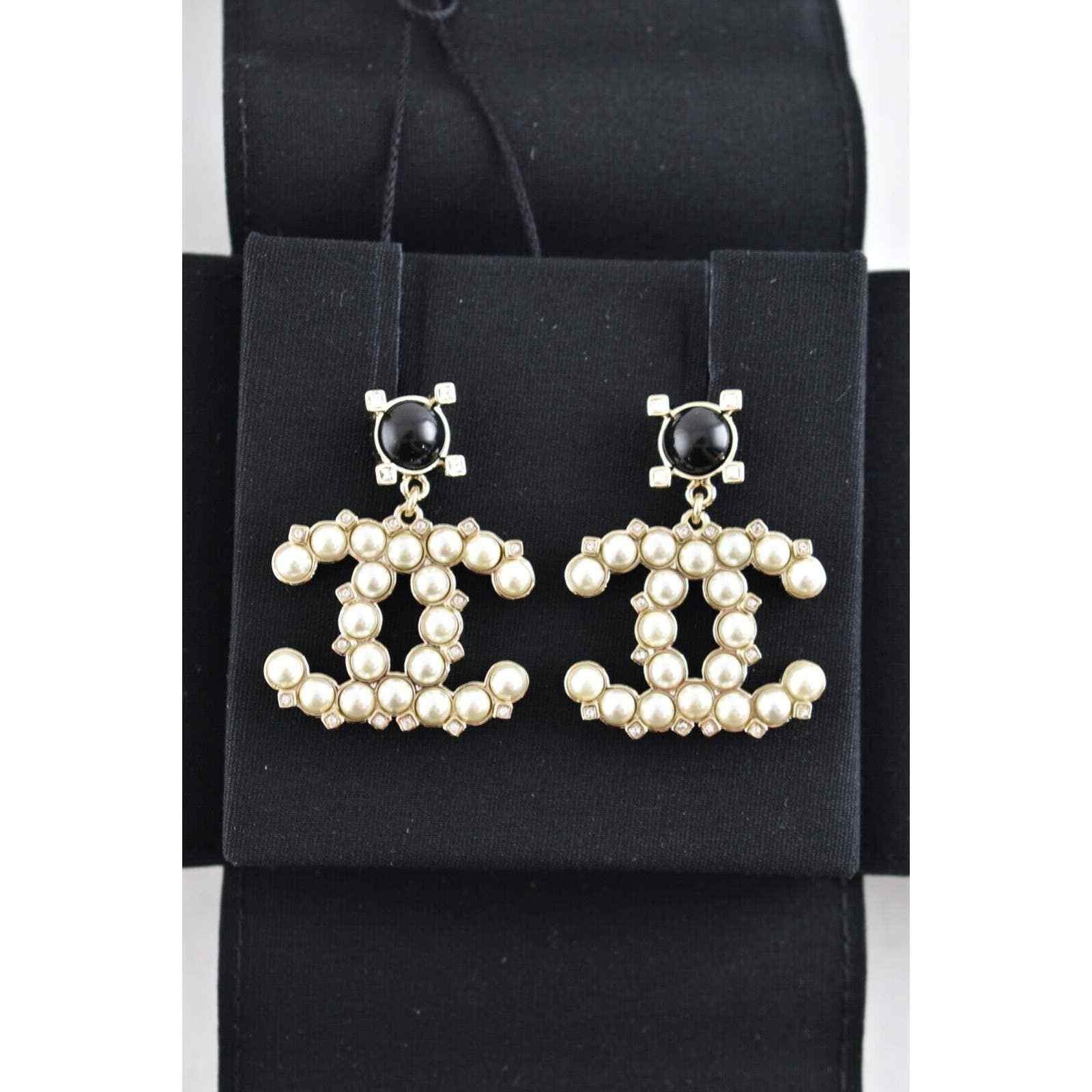 Chanel Chanel Gold Black Crystal Pearl Dangle Statement Earrings Size ONE SIZE - 3 Thumbnail