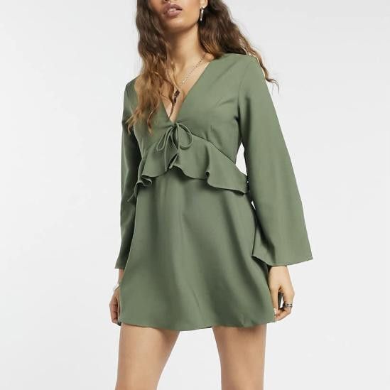 Asos ASOS DESIGN Green Peplum Dress with Bell Sleeves Size XS / US 0-2 / IT 36-38 - 1 Thumbnail