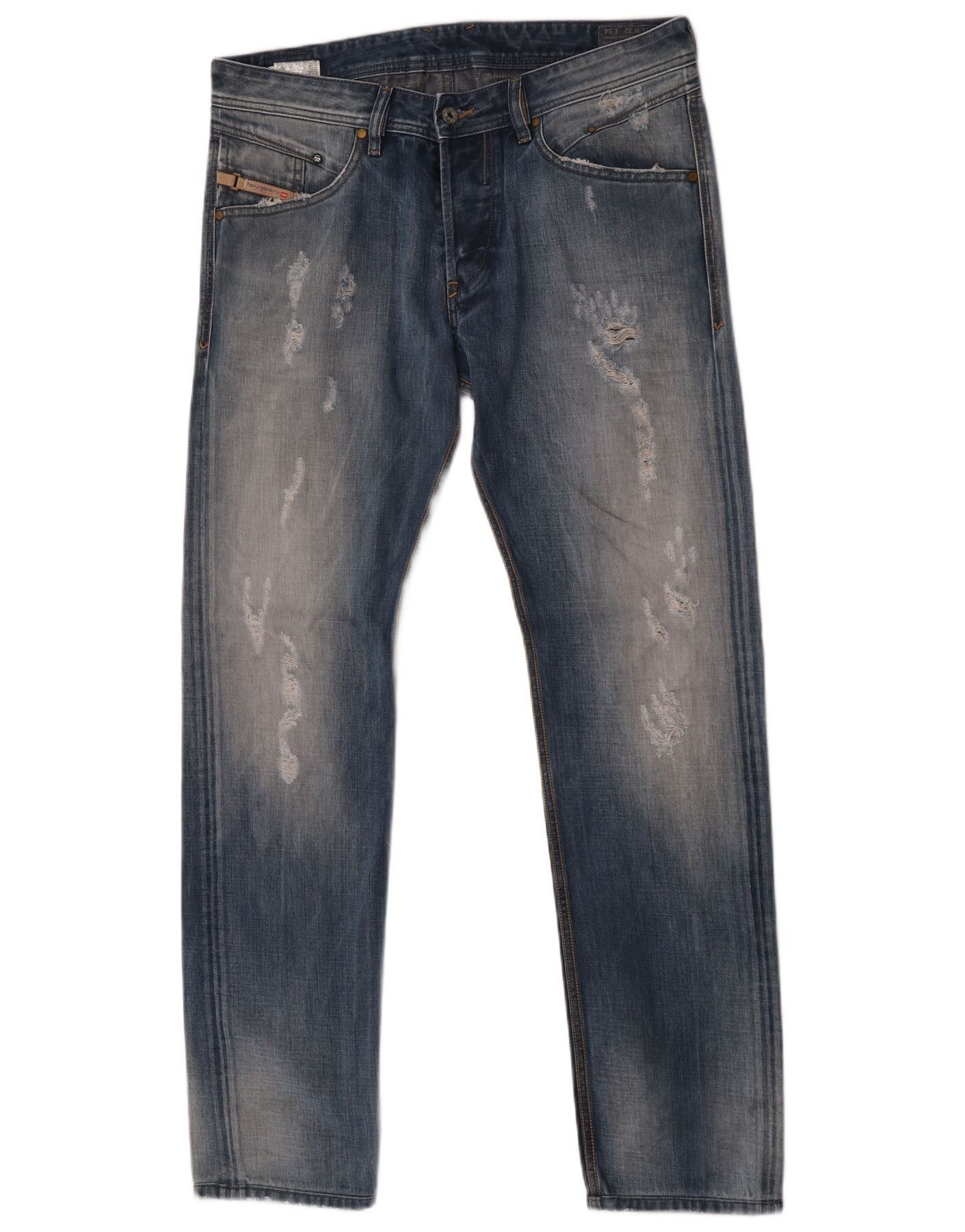 Diesel Mens Belther Distressed Straight Jeans W32 L34 Blue Cotton Size US 32 / EU 48 - 1 Thumbnail