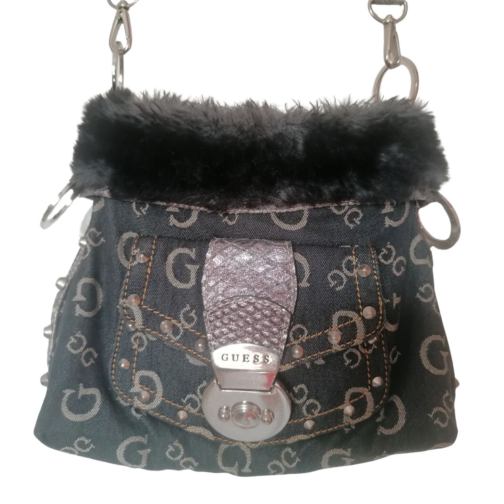 Guess Denim bag with faux fur and snakeskin pattern Size ONE SIZE - 2 Thumbnail