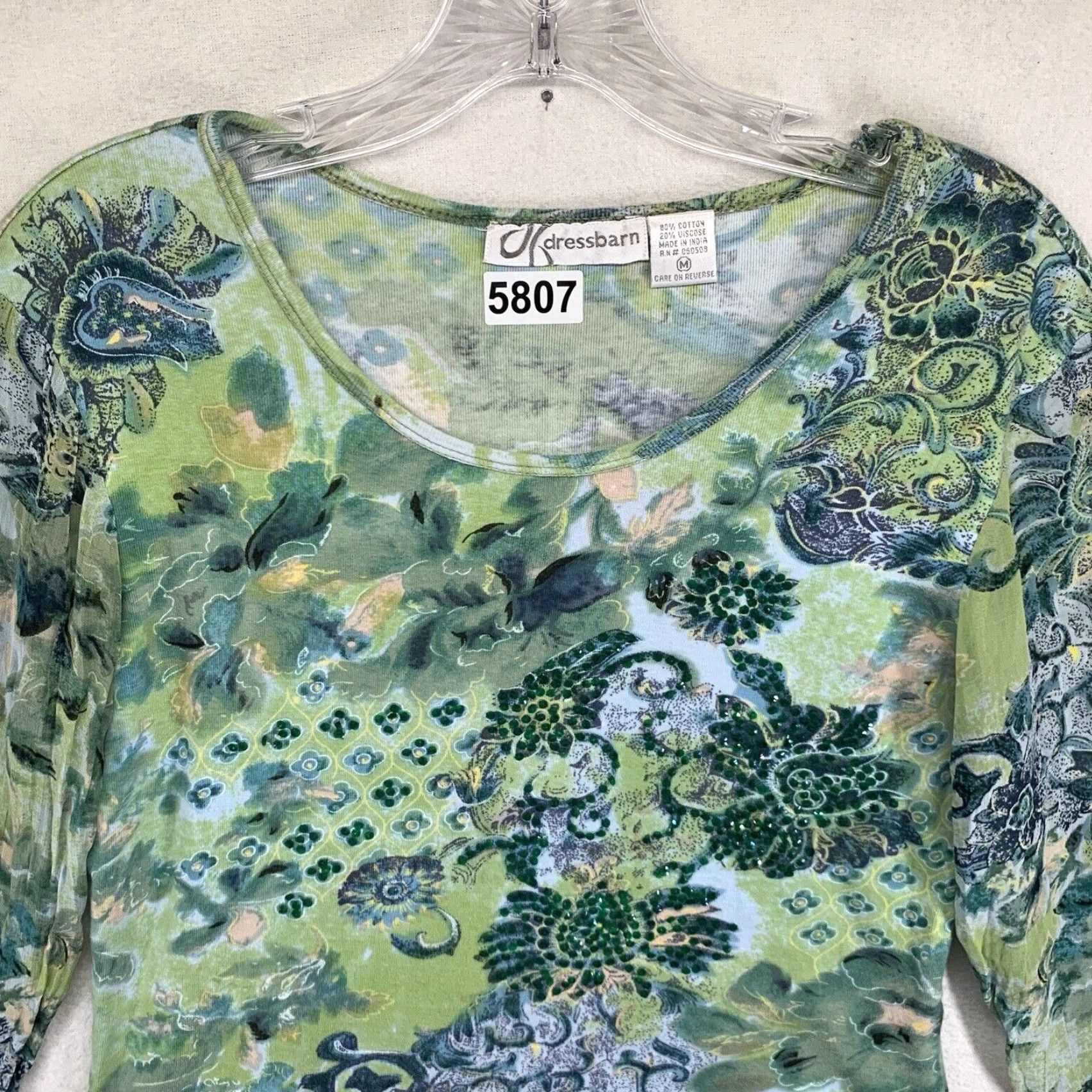 Vintage VINTAGE Dressbarn Women's Crop Top Floral Green Size M Sheer Bell Sleeves Sequin Casual Size M / US 6-8 / IT 42-44 - 3 Thumbnail
