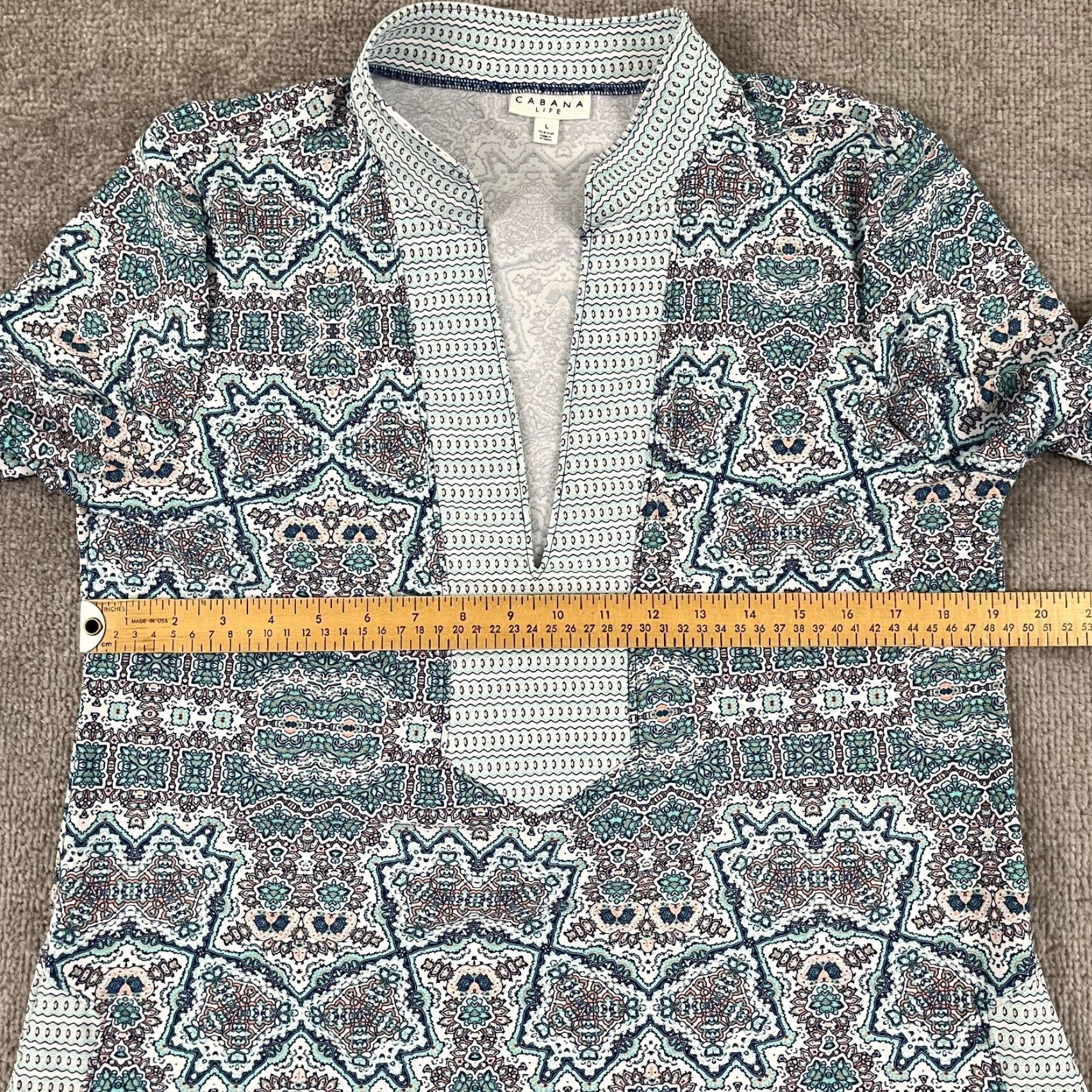 Vintage Cabana Life Blouse Womens Large Blue Geometric V-Neck UPF Sun Protective Casual 3/4 Sleeve Size L / US 10 / IT 46 - 5 Thumbnail