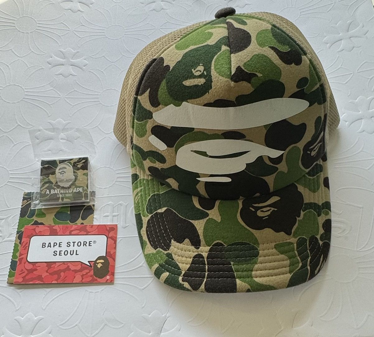 image of Bape Abc Camo Ape Face Mesh Cap in Green, Men's