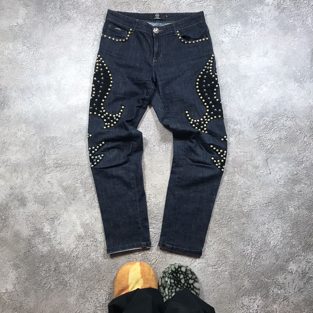 Vintage Vintage Y2K Studded Distressed Low Rise Flared Jeans Swag 27 Size 27" / US 4 / IT 40 - 2 Thumbnail