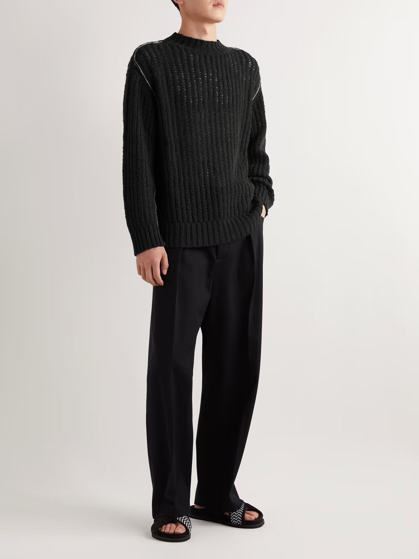 image of Mr P. Black Ribbed Open-Knit Cotton Sweater, Men's (Size Small)