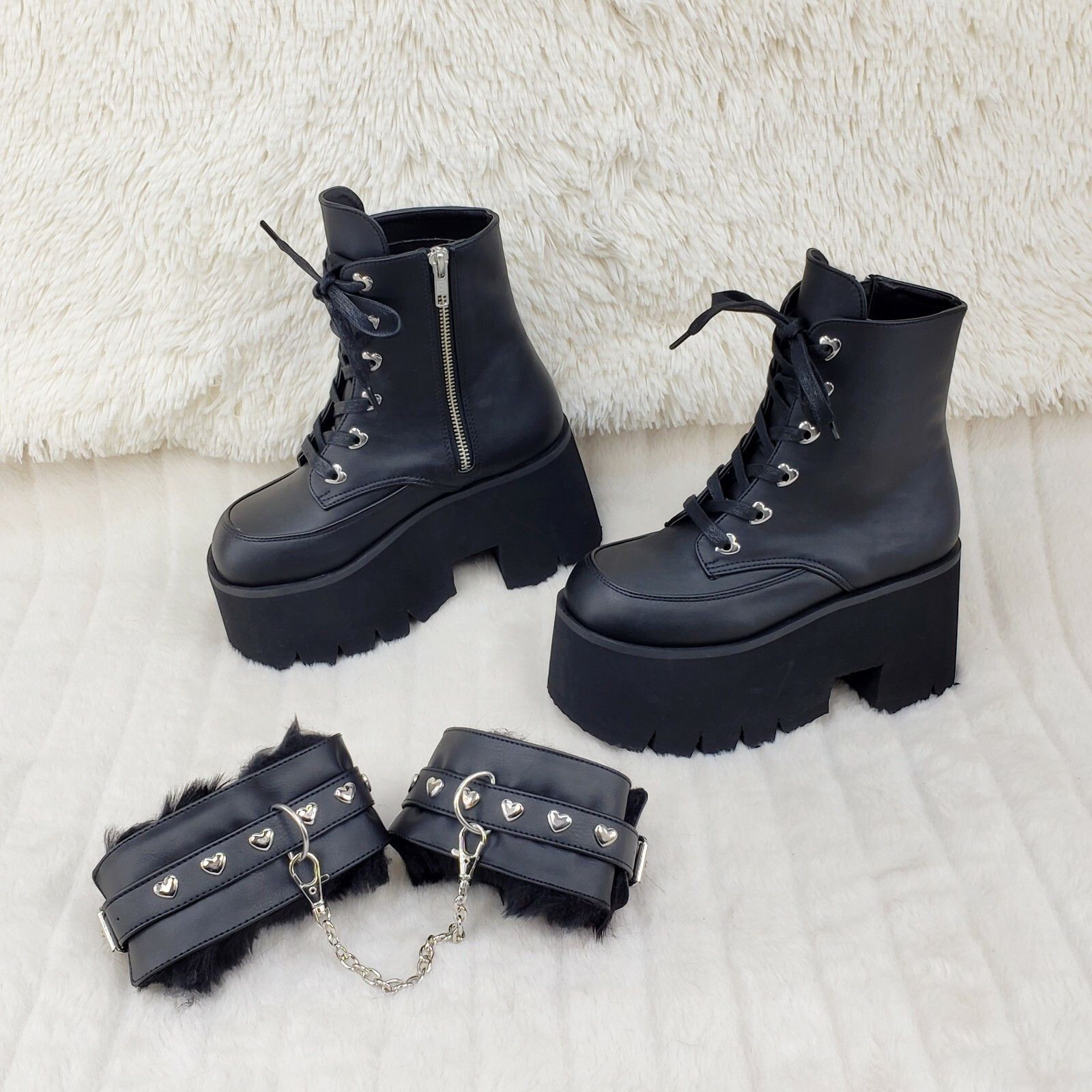 Other Ashes 57 Black Heart Studs 3.5" Platform Goth Boots Fur Line Size US 10 / IT 40 - 7 Thumbnail