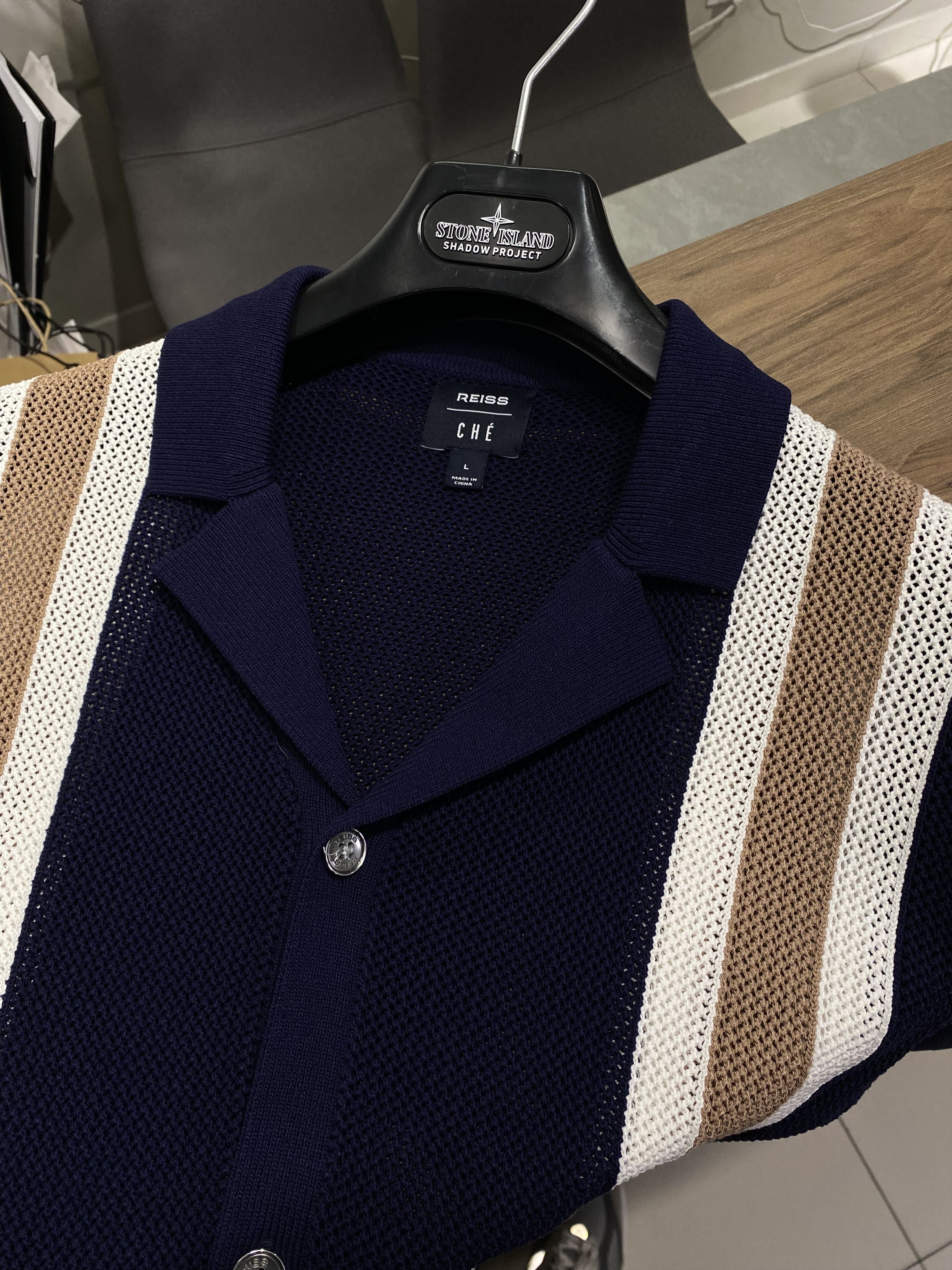 REISS CHÉ KNITTED CONTRAST STRIPE CUBAN COLLAR SHIRT