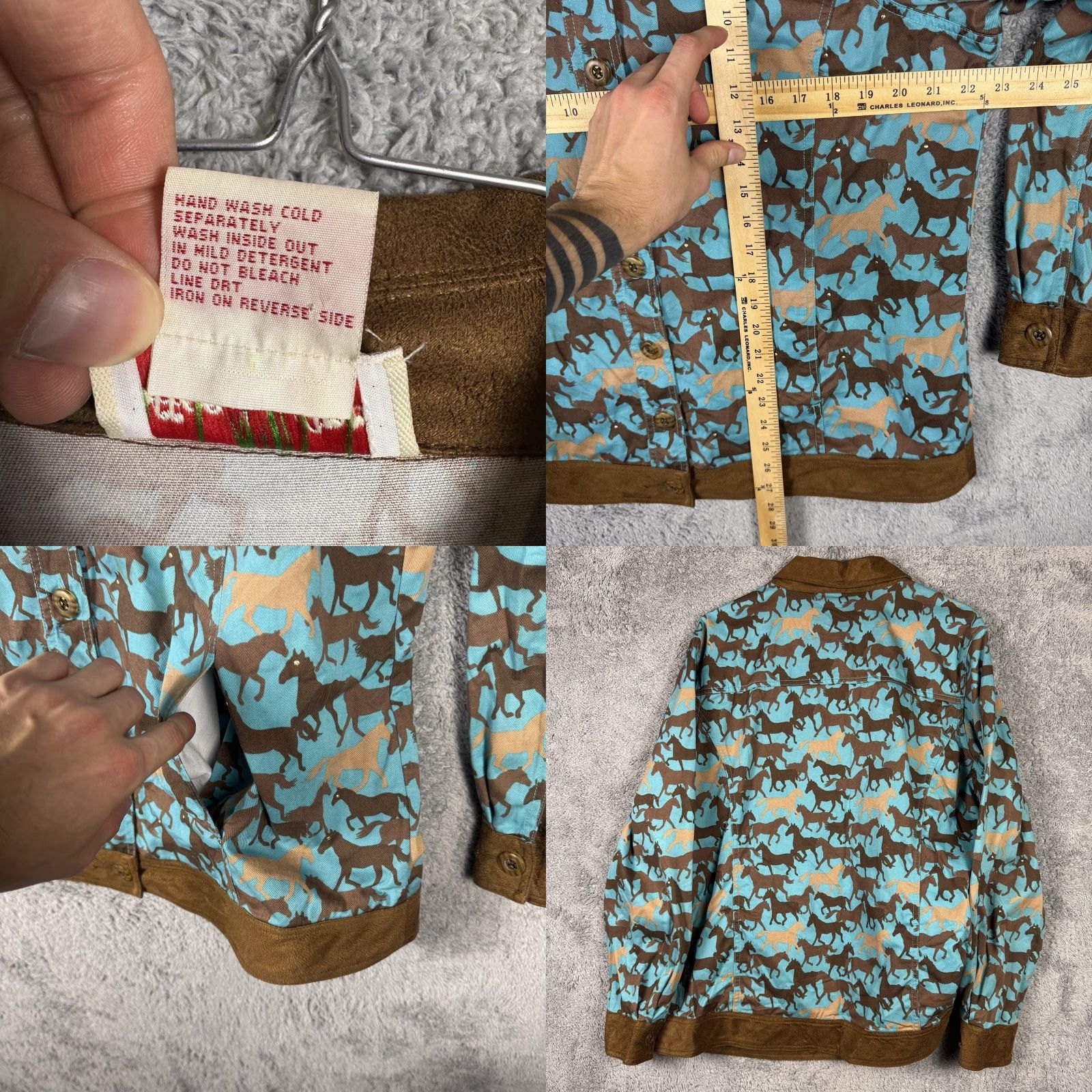 Apple Toffee Apple Jacket Women's L Canvas Horse Faux Leather Equestrian Western Cowgirl Horse Pattern Button Closure Casual Travel Fall Winter Spring Blue Size L / US 10 / IT 46 - 8 Thumbnail