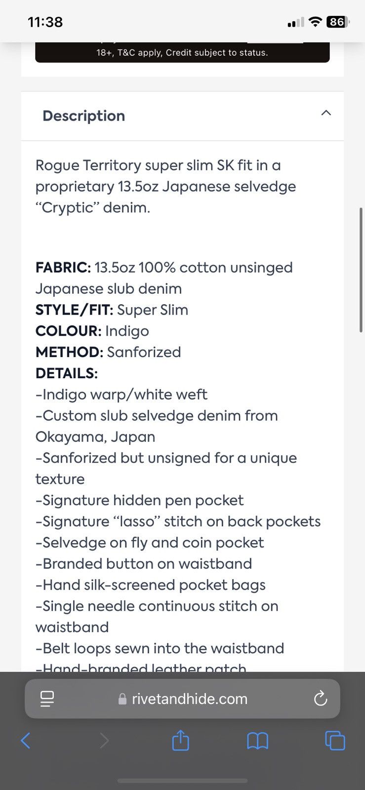 Rogue Territory Rogue Territory 31x30 indigo cryptic denim SKs Size US 31 - 8 Thumbnail