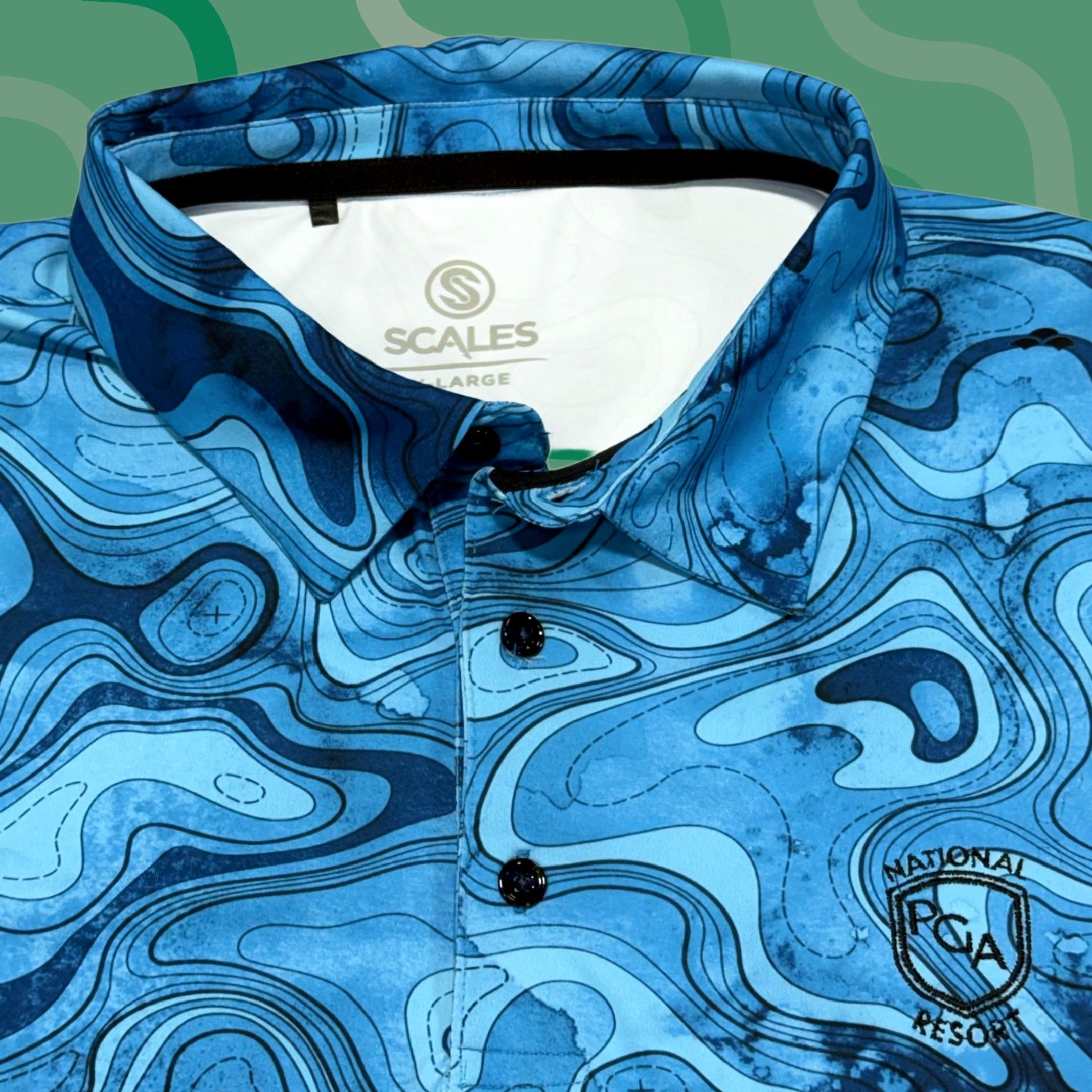 Vintage SCALES Polo Shirt Mens XL Blue Golf PGA National Resort Florida Geometric AOP Swirl Pattern Size US XL / EU 56 / 4 - 1 Thumbnail