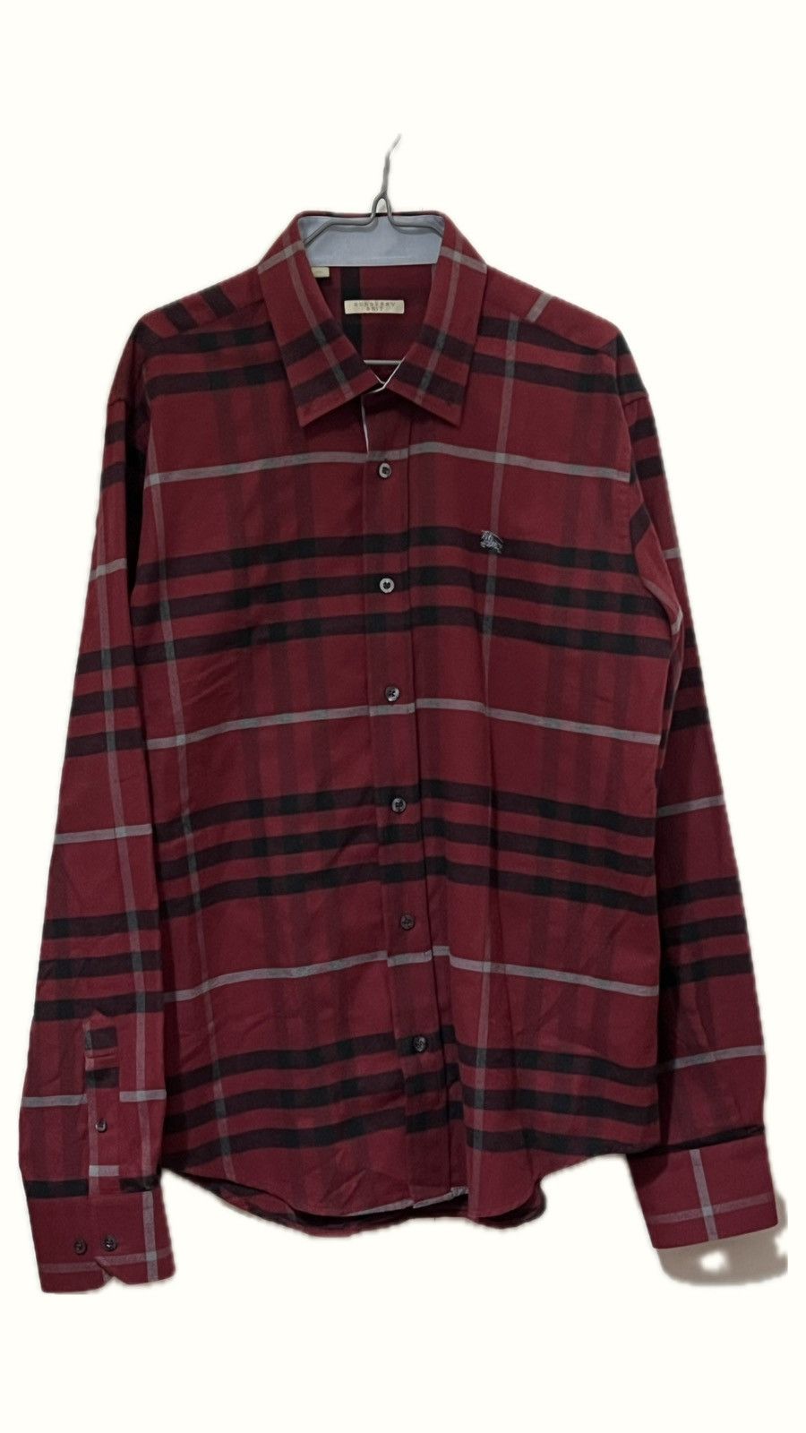 image of Burberry Check Plaid Shirt With Embroidered Logo in Black Blue Red, Men's (Size Large)