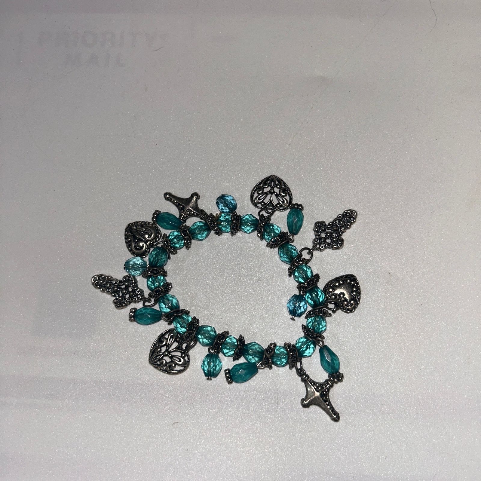 Other Aqua Blue Beaded Silver-Tone Charm Stretch Bracelet Women's Size ONE SIZE - 1 Thumbnail