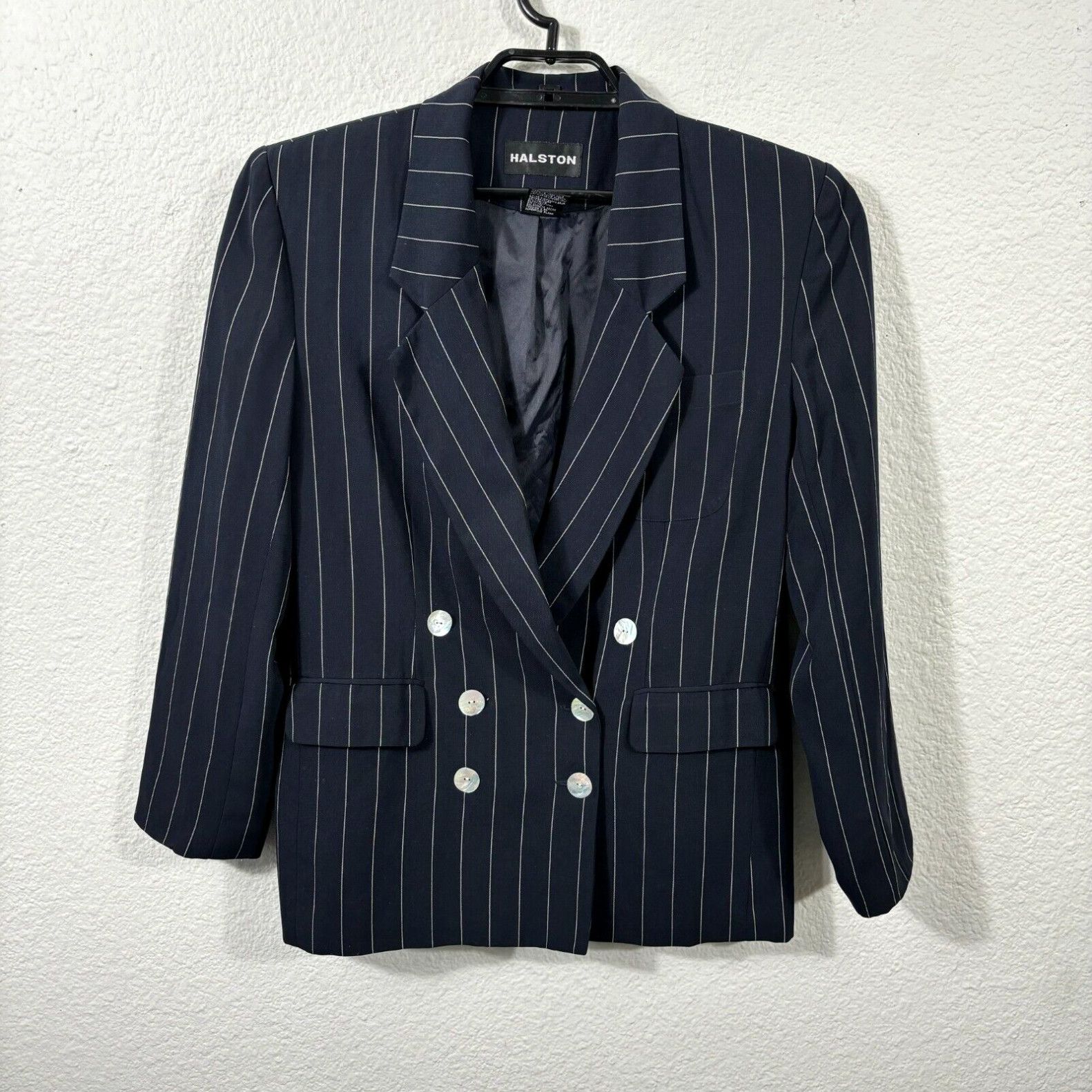 image of Vintage Halston Blazer Womens 10 Blue Striped Double Breasted Polyester Y2K in White (Size Large)