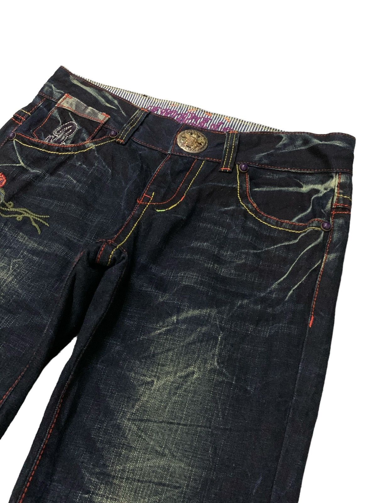Ed Hardy × Japanese Brand Riobera Japan Embroidered Skull Tattoo Flared Denim Pants Size US 30 / EU 46 - 10 Thumbnail