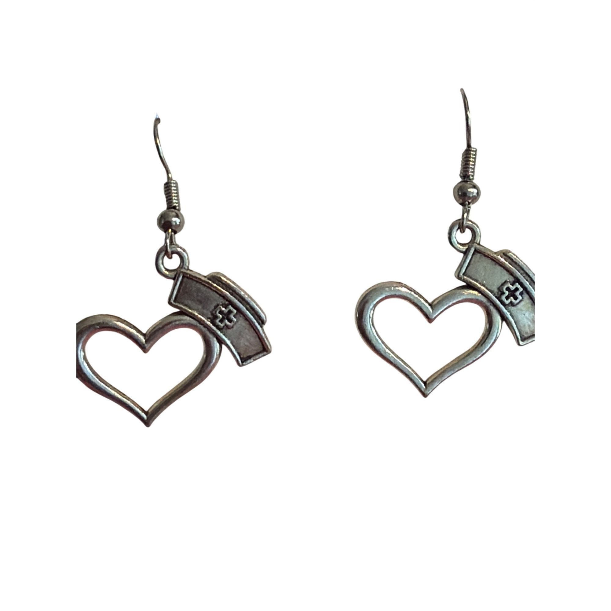 Other Nurse Hat Heart Silver Tone Dangle Hook Earrings Healthcare Size ONE SIZE - 1 Thumbnail