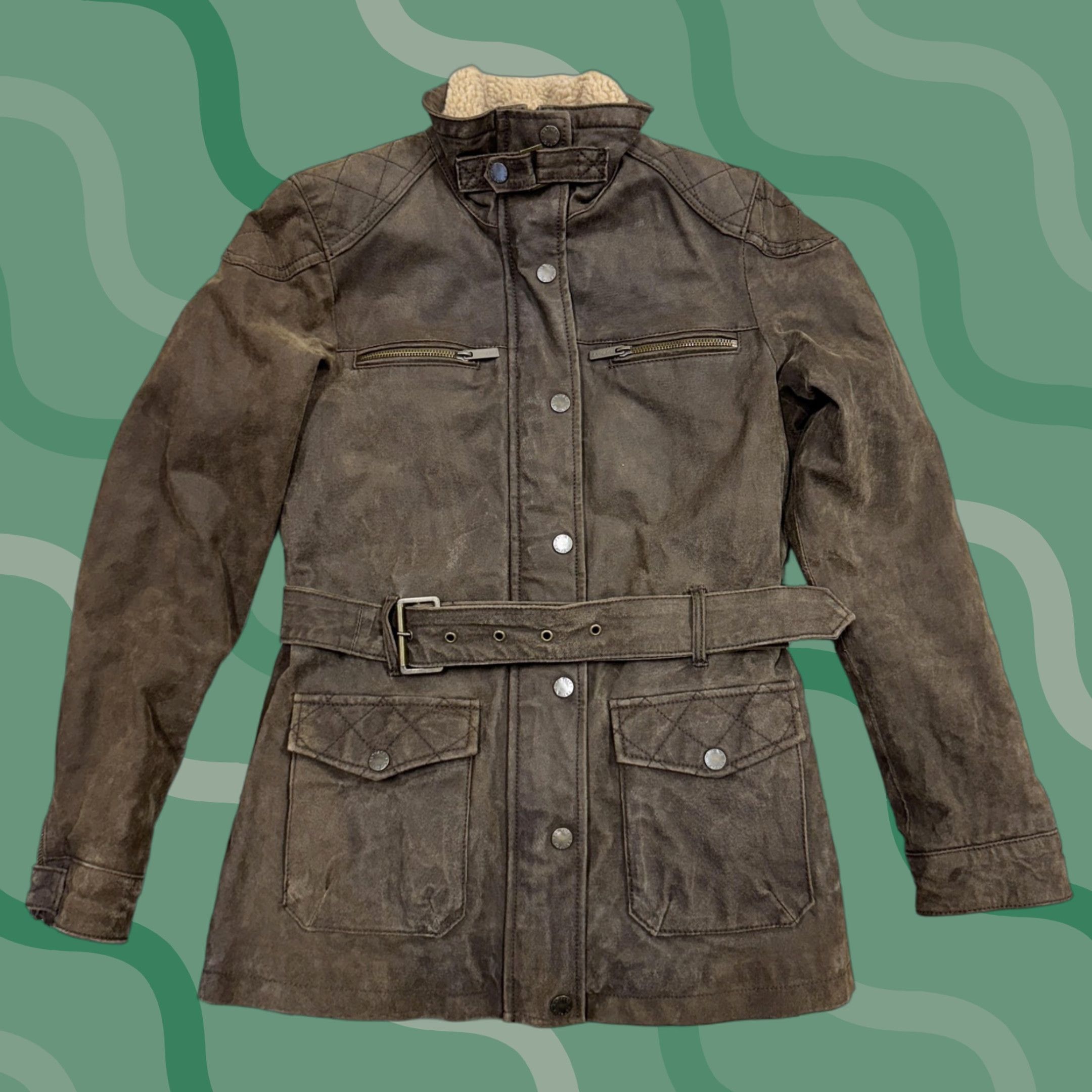 FatFace FatFace Leather Jacket Womens 12 Brown Belted Moto Sherpa Collar Zip Pockets Size XL / US 12-14 / IT 48-50 - 1 Thumbnail