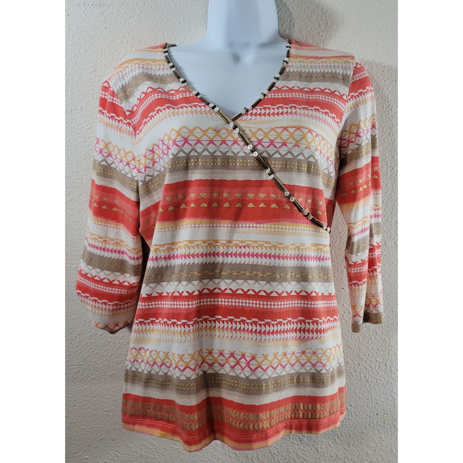 Other Ruby Rd. Orange Gold White Beaded V Neck Top Large Size L / US 10 / IT 46 - 1 Thumbnail