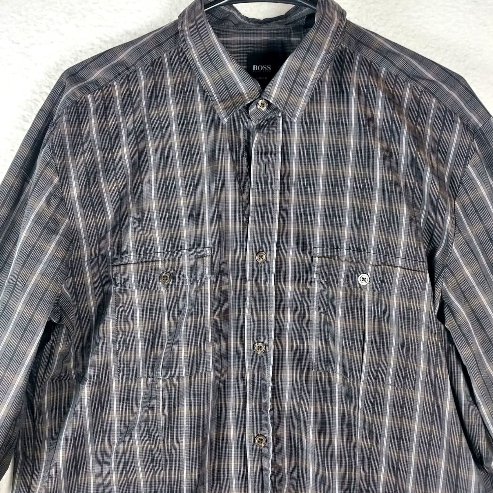 Hugo Boss HUGO BOSS Dress Shirt Plaid Gray XL Slim Fit Men's Long Sleeve Button Collared Barrel Cuff Casual Business Size 46R - 3 Thumbnail