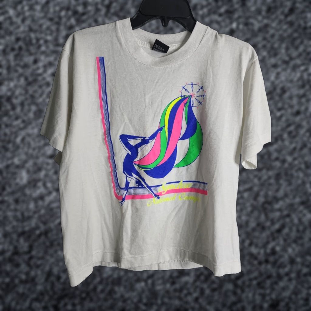 Vintage VINTAGE 80s Synchro National Camps Cropped T Shirt Distressed White Unisex L Graphic Tee Size US L / EU 52-54 / 3 - 1 Thumbnail