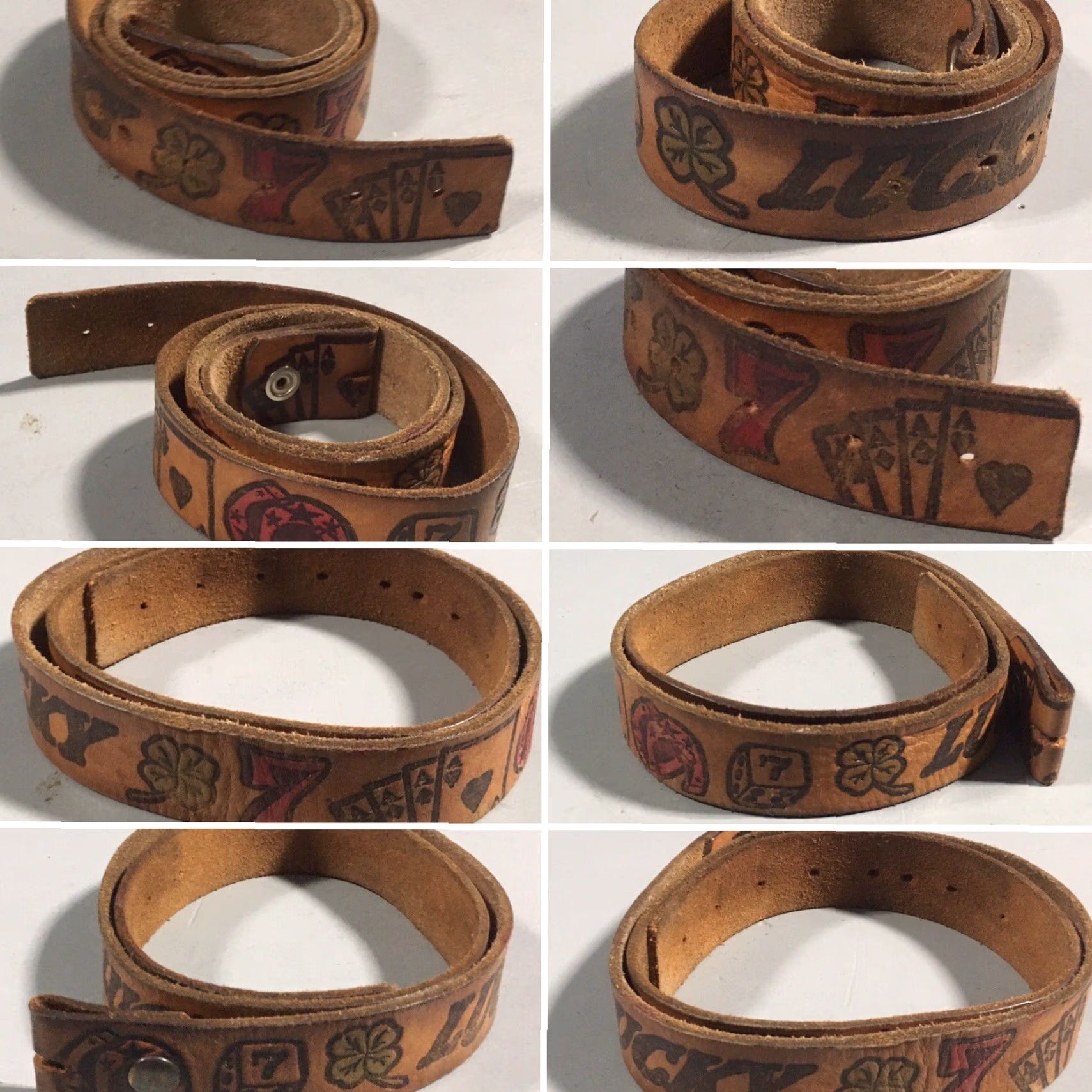 Vintage VINTAGE Tooled Leather Belt Gambling Theme Lucky 7 Clover Cards Horse Shoe Dice Brown Leather Adult Unisex Casual Rockabilly Size ONE SIZE - 7 Thumbnail