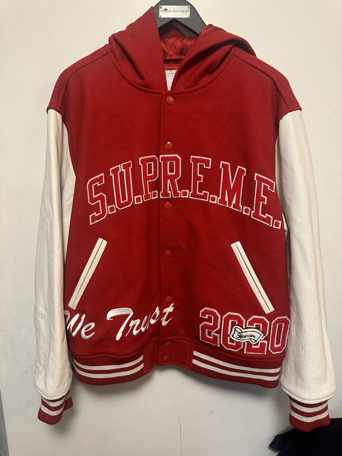 image of Supreme King Hooded Varsity Jacket in Red, Men's (Size Large)