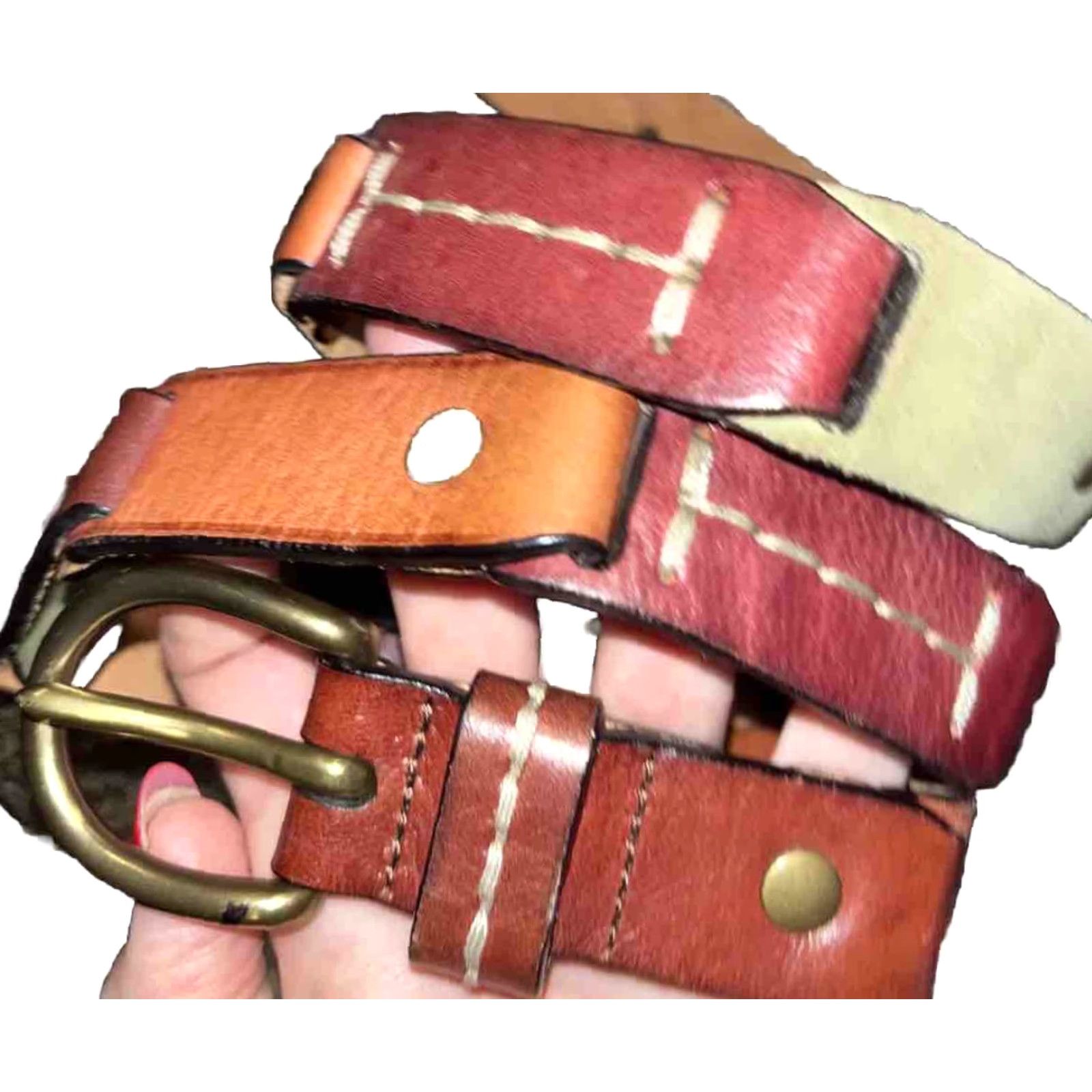 Fossil Fossil Belt Boho Leather Strap Chain Link Copper Buckle Festival 35-39” Tan Olive Size ONE SIZE - 2 Thumbnail