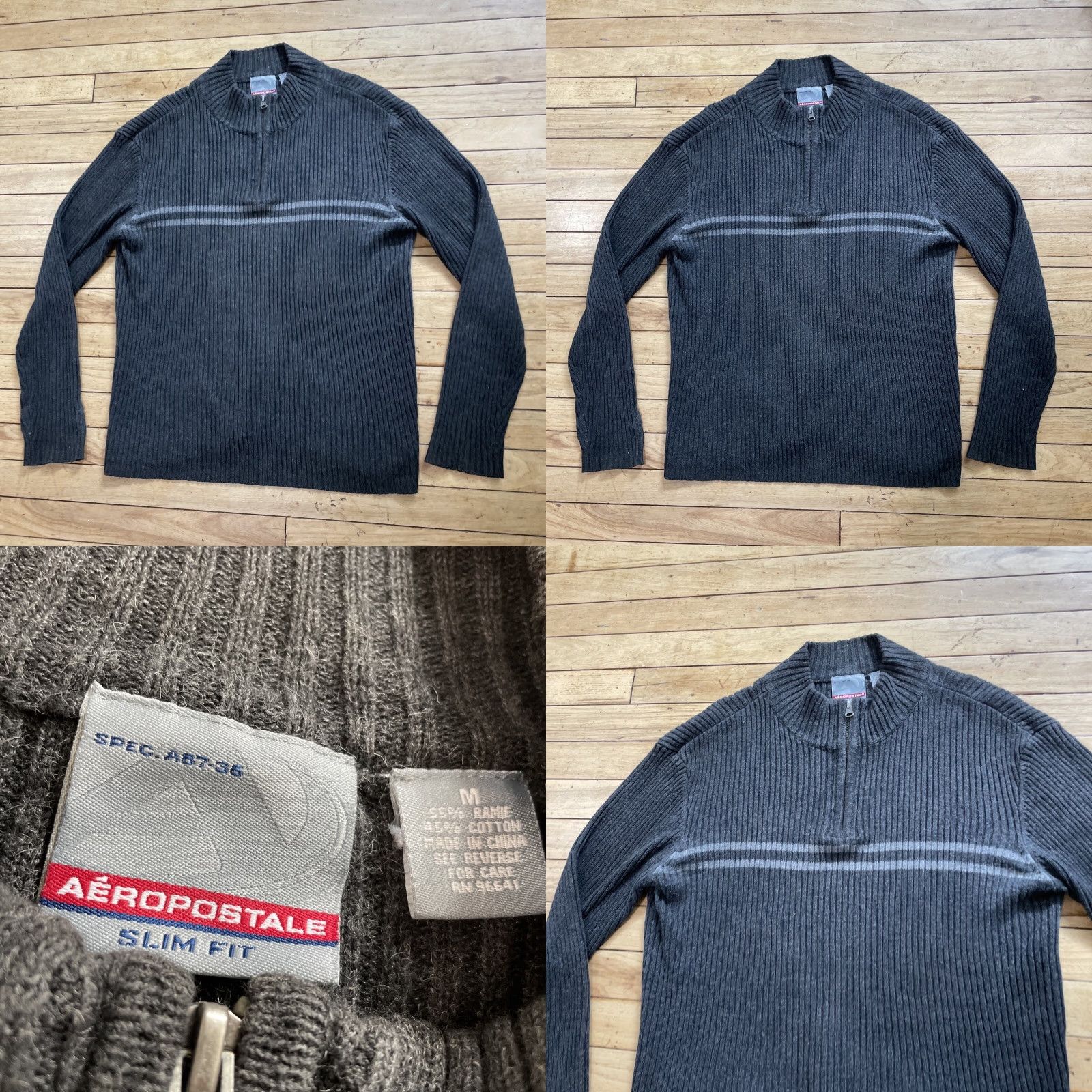 Aeropostale AEROPOSTALE 1/4 Zip Sweater Men M Gray Ribbed 90s Y2K Skater Slim Fit Ramie Knit Pullover Zip Mock Neck Center Stripe Mens Size US M / EU 48-50 / 2 - 9 Thumbnail