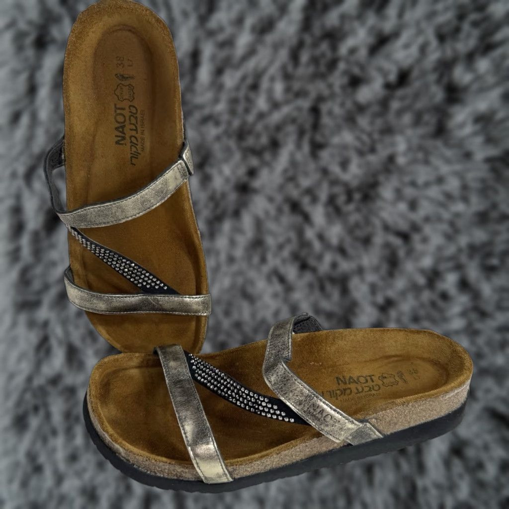 Vintage Naot Women’s Sandal Leather Strap Rhinestone Flat Rubber Hook & Loop 7 Silver 37 Women’s Size US 7 / IT 37 - 1 Thumbnail